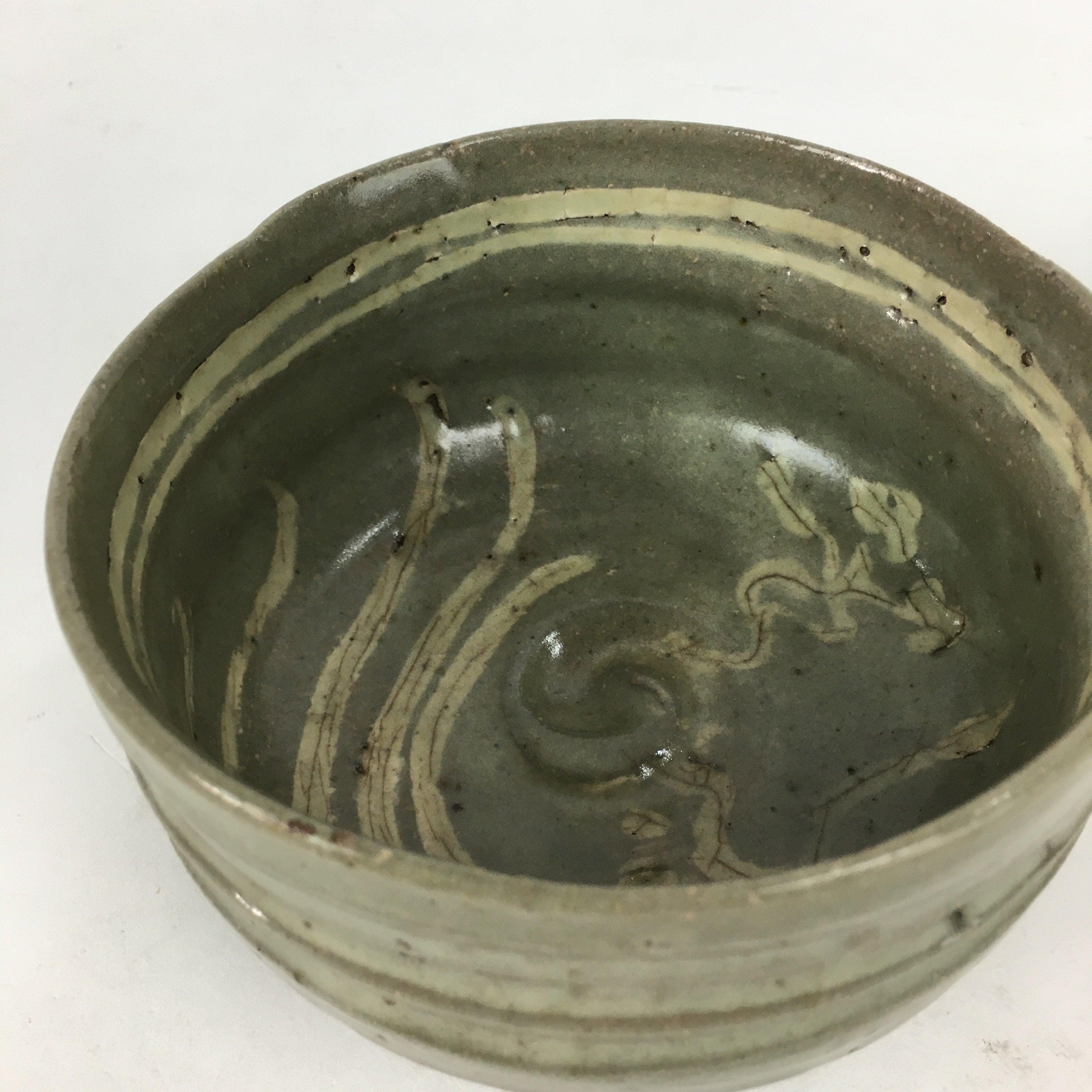 Japanese Ceramic Tea Ceremony Bowl Vtg Gray Yubisuji Line Pottery Chawan GTB741