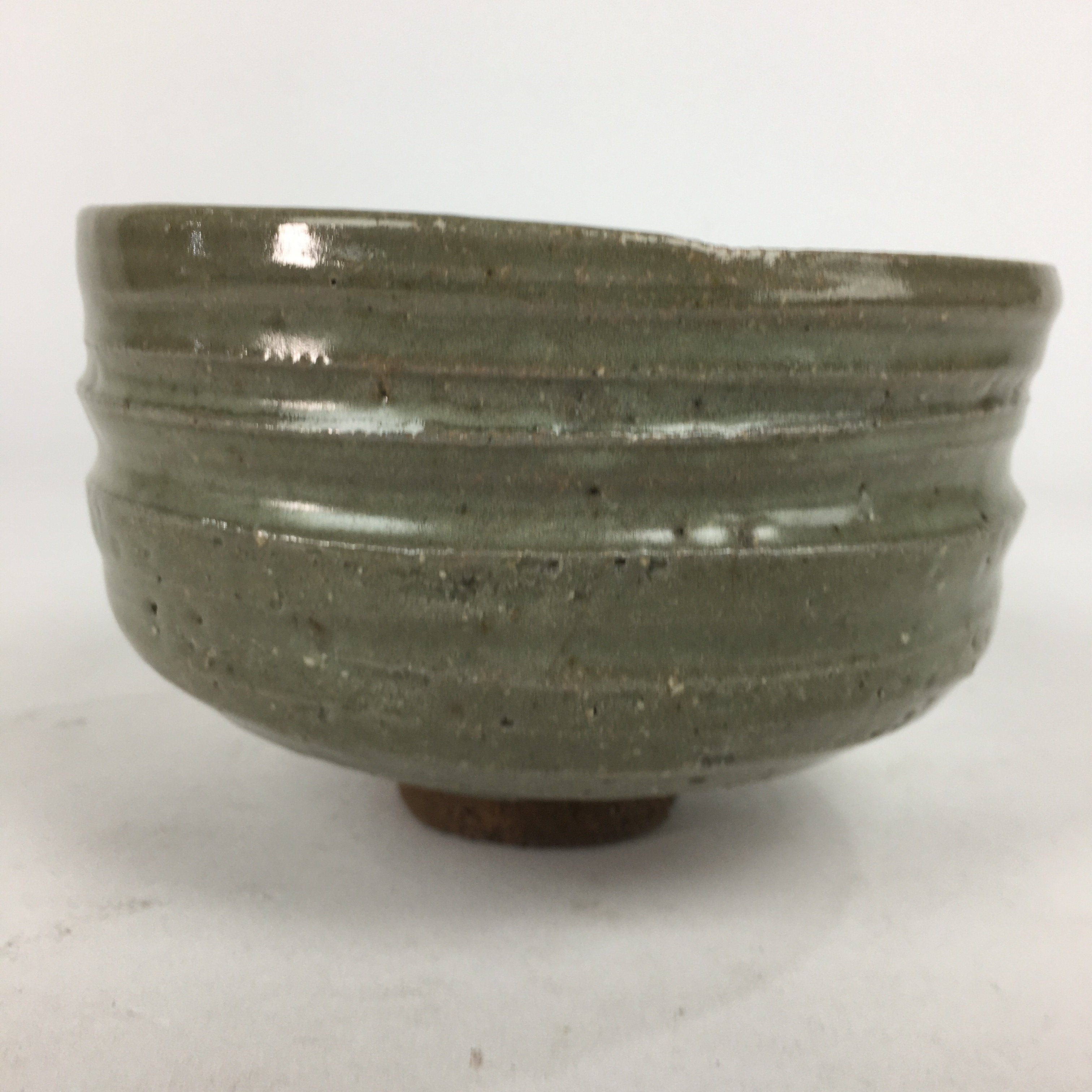 Japanese Ceramic Tea Ceremony Bowl Vtg Gray Yubisuji Line Pottery Chawan GTB741