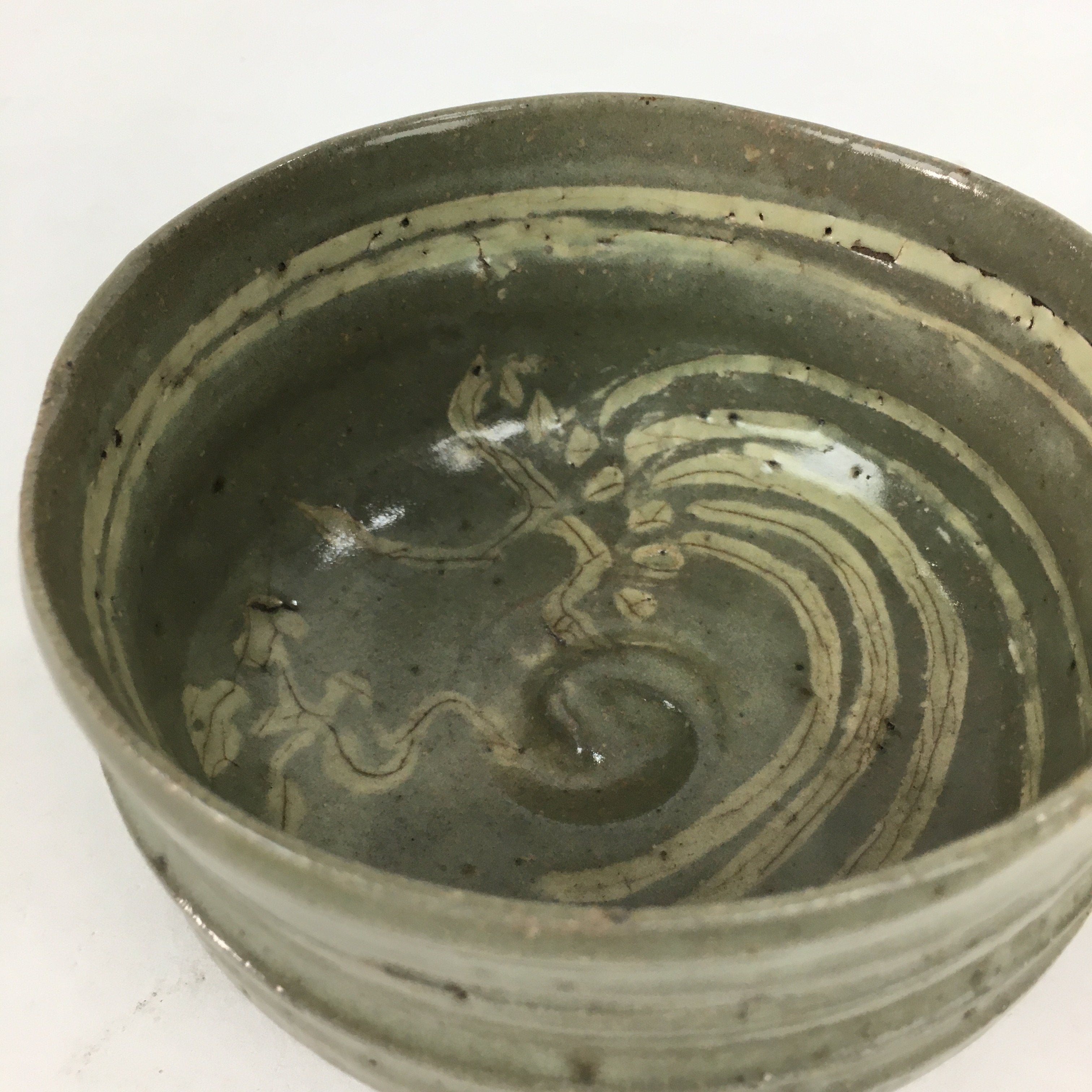 Japanese Ceramic Tea Ceremony Bowl Vtg Gray Yubisuji Line Pottery Chawan GTB741