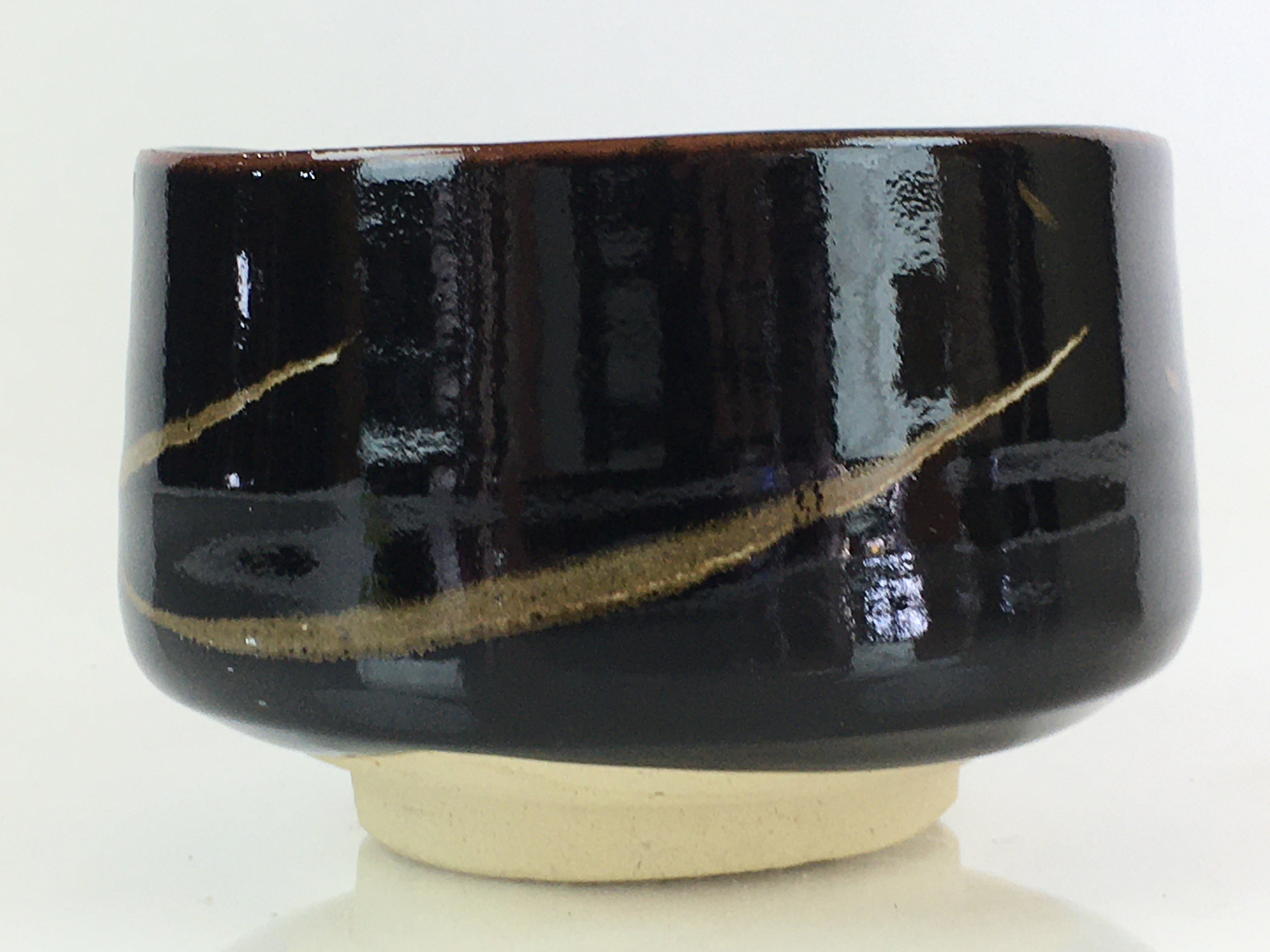 Japanese Ceramic Tea Ceremony Green Tea Bowl Vtg Chawan Black GTB953