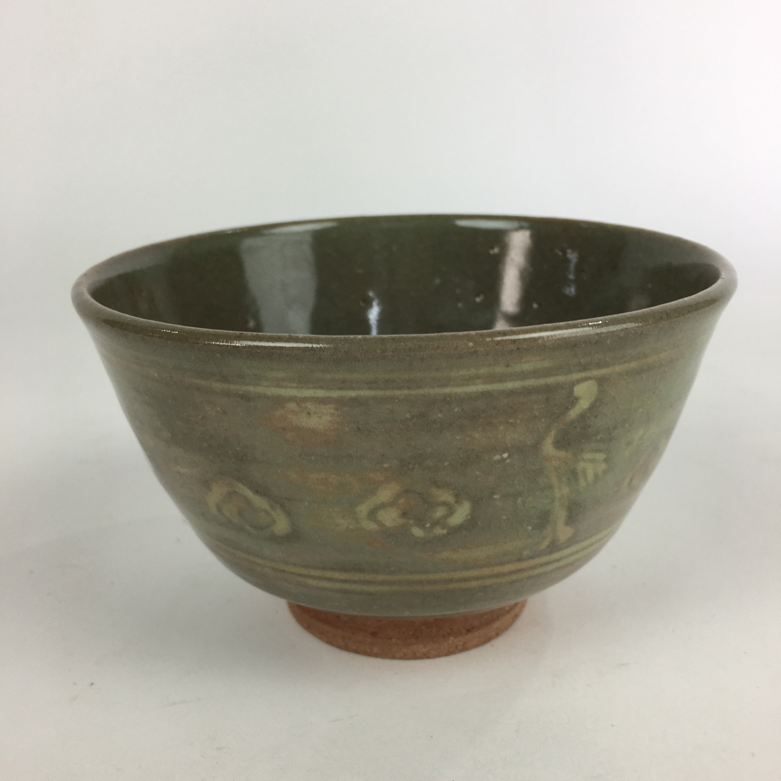 Japanese Ceramic Tea Ceremony Green Tea Bowl Vtg Chawan Crane GTB912