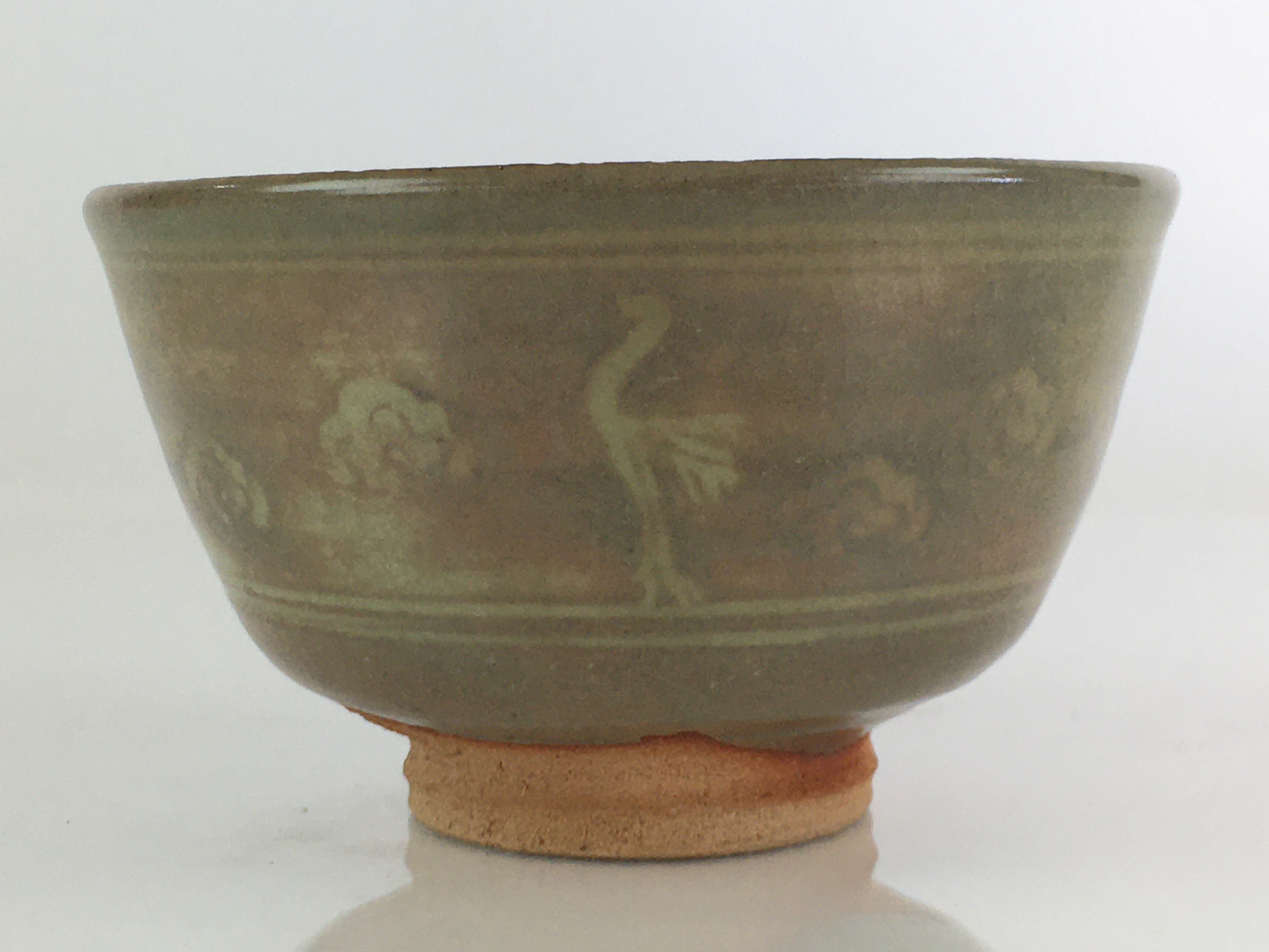 Japanese Ceramic Tea Ceremony Green Tea Bowl Vtg Chawan Crane GTB941