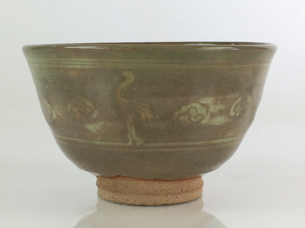 Japanese Ceramic Tea Ceremony Green Tea Bowl Vtg Chawan Crane GTB943