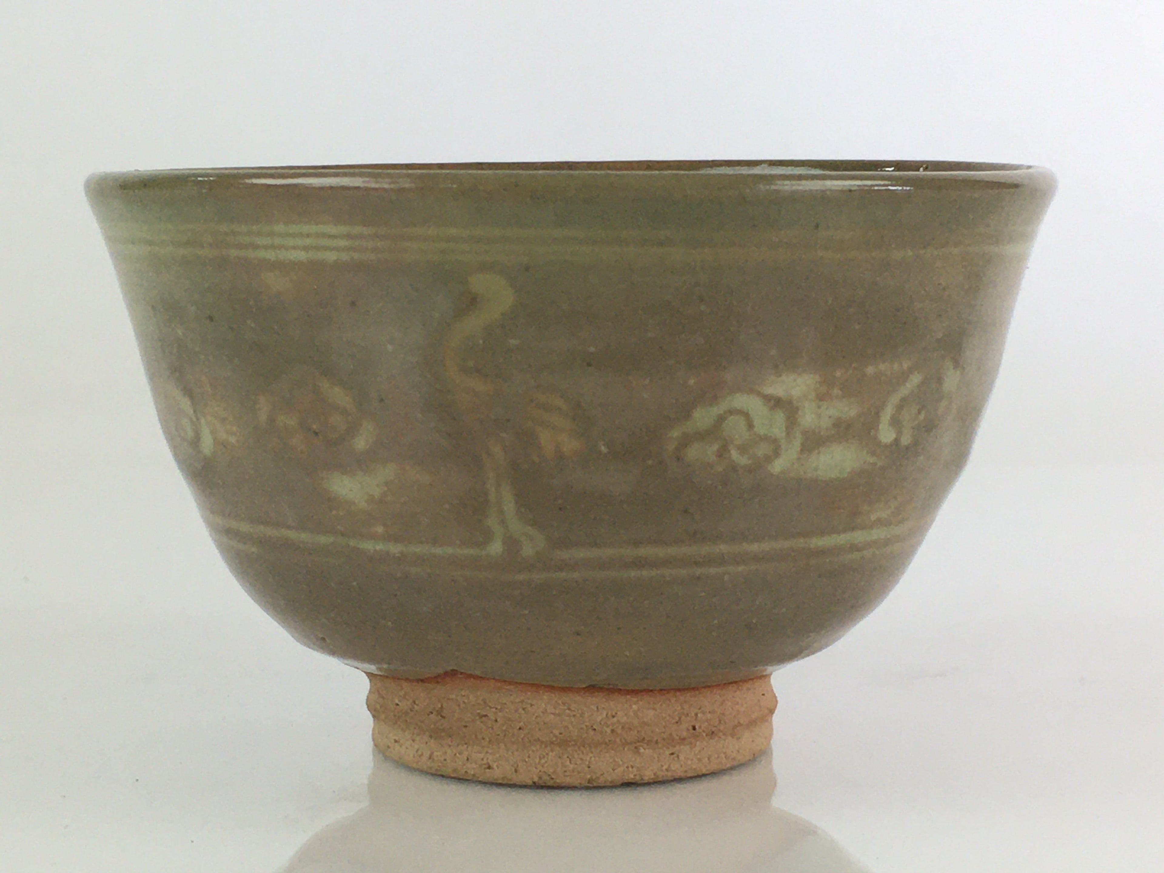 Japanese Ceramic Tea Ceremony Green Tea Bowl Vtg Chawan Crane GTB943