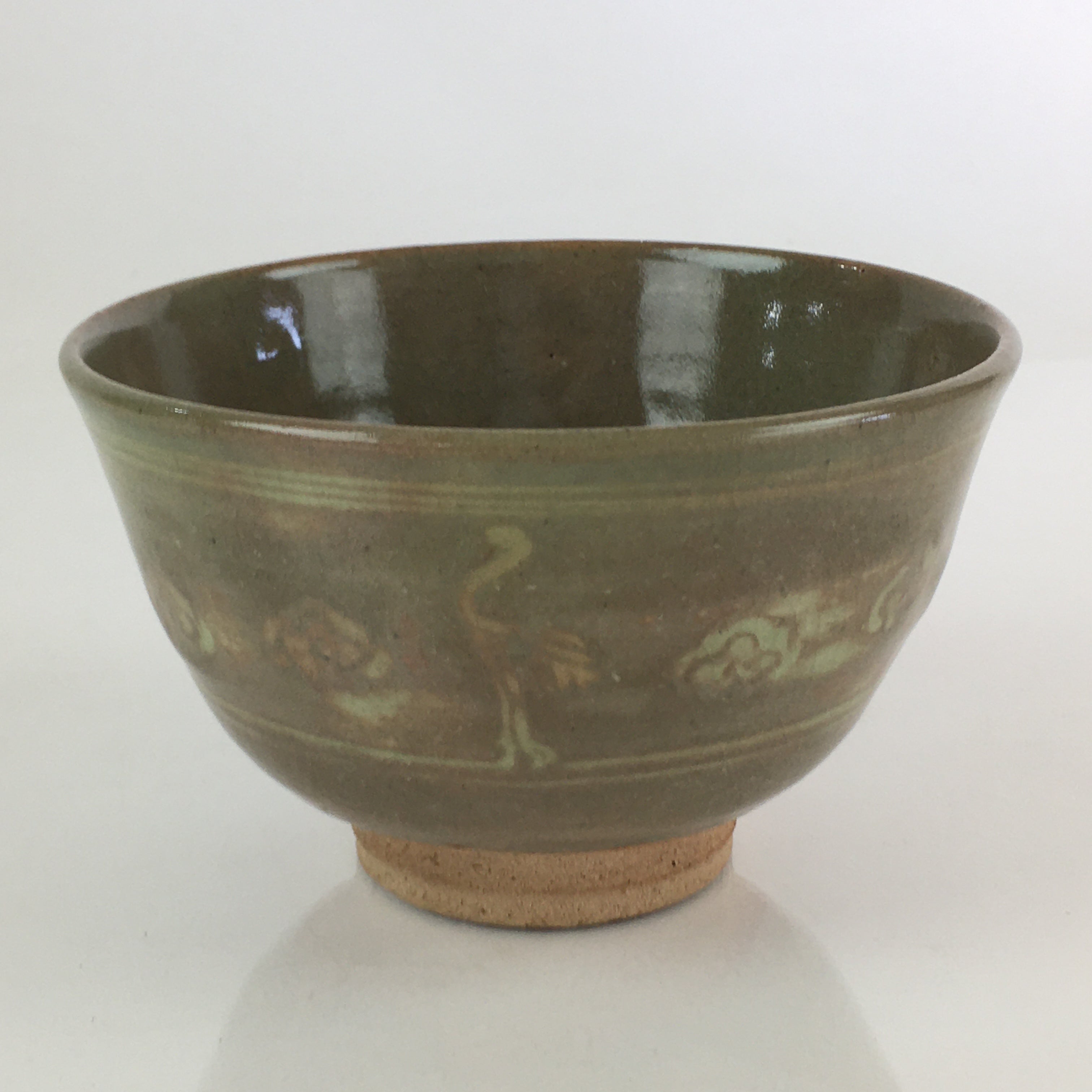 Japanese Ceramic Tea Ceremony Green Tea Bowl Vtg Chawan Crane GTB943