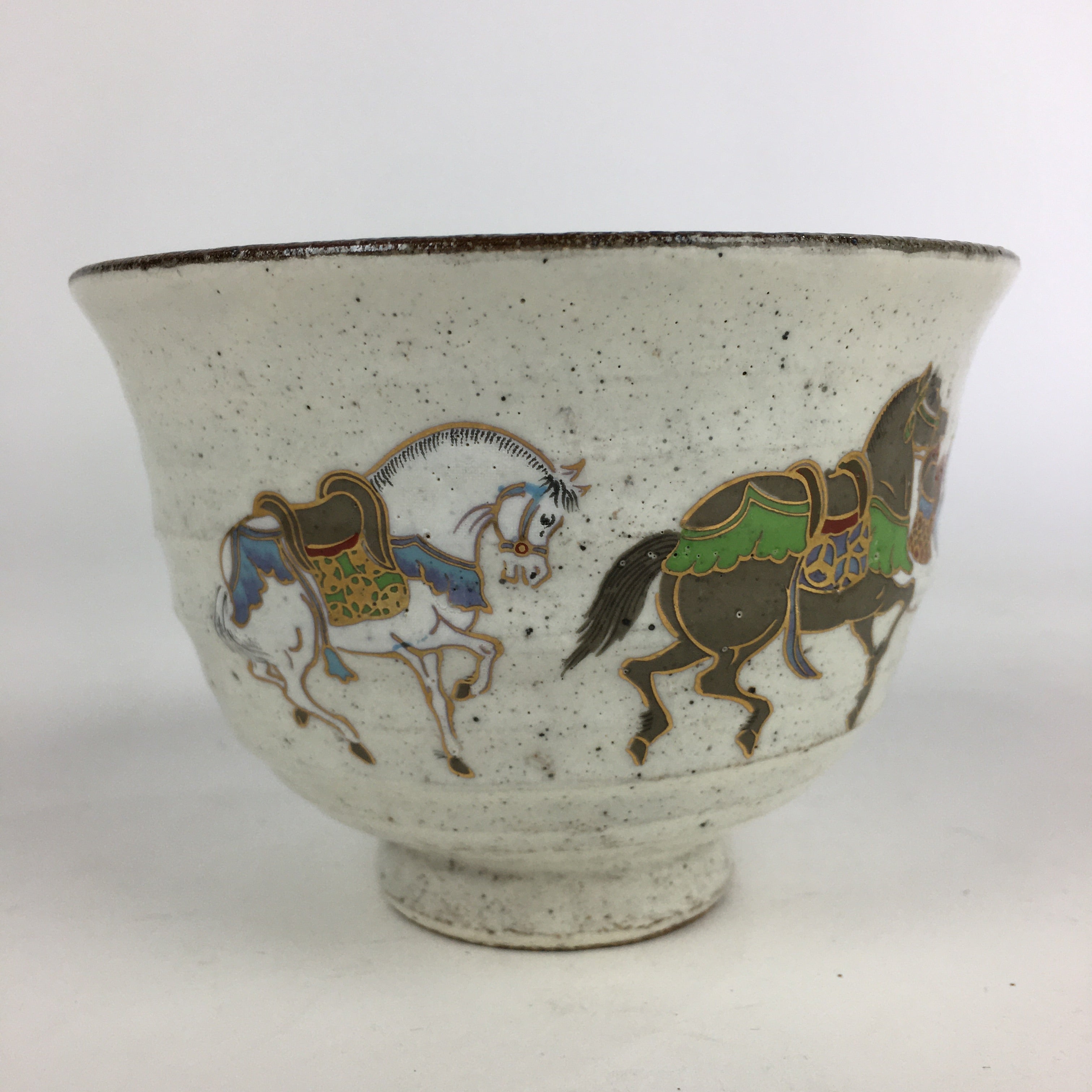 Japanese Ceramic Tea Ceremony Green Tea Bowl Vtg Chawan Horses GTB932