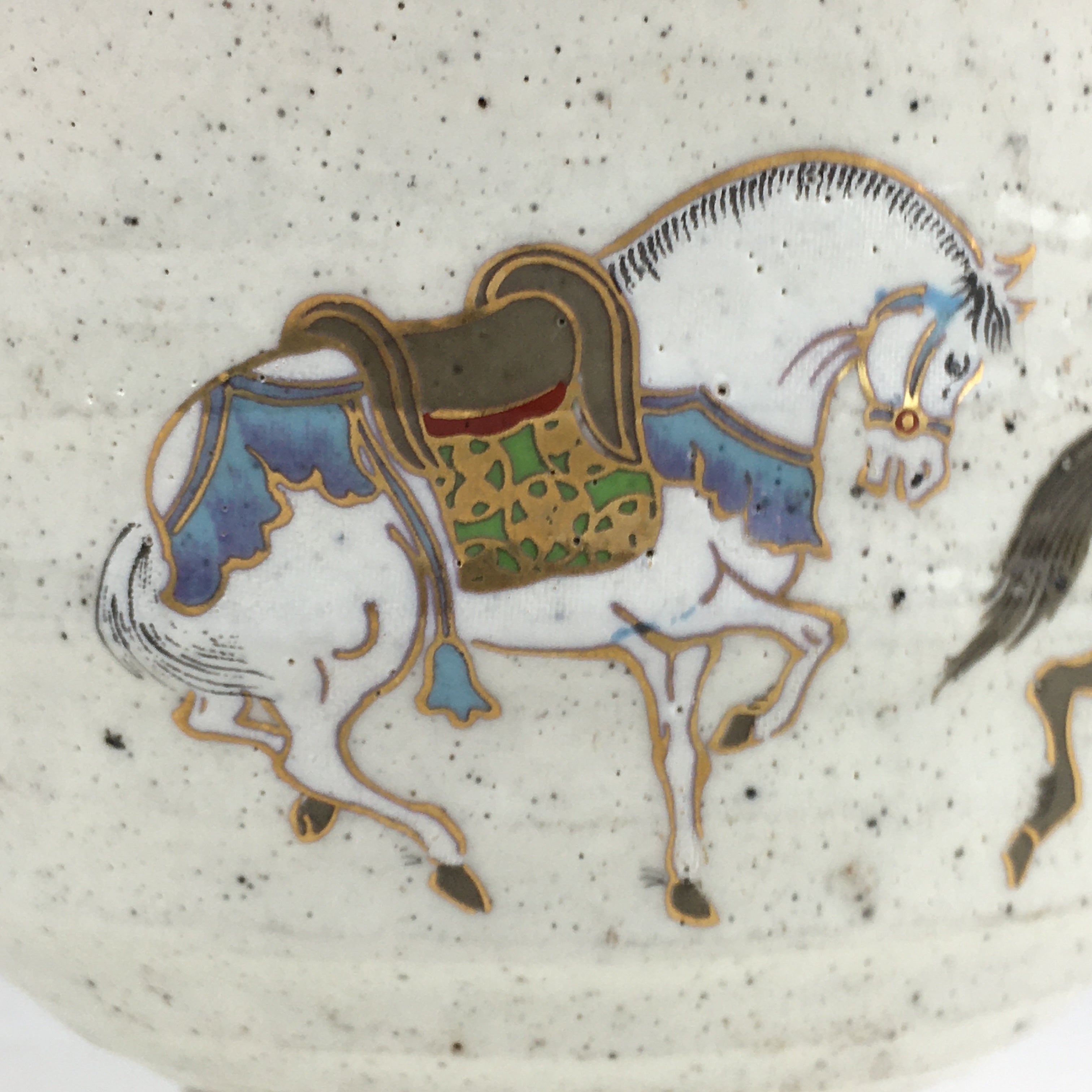 Japanese Ceramic Tea Ceremony Green Tea Bowl Vtg Chawan Horses GTB932