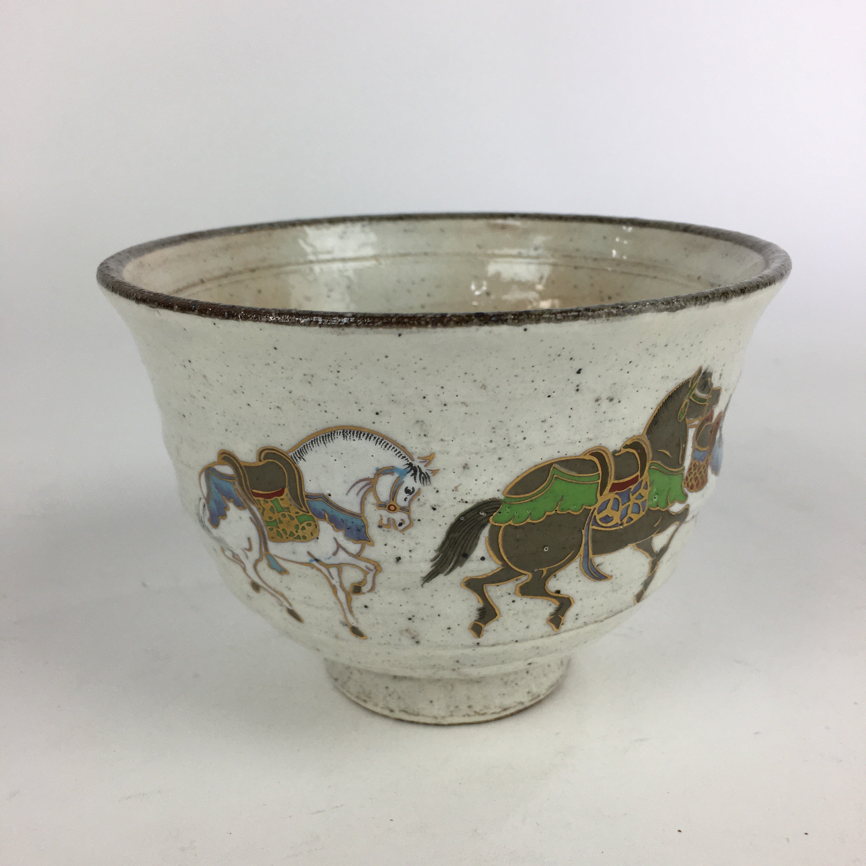 Japanese Ceramic Tea Ceremony Green Tea Bowl Vtg Chawan Horses GTB932