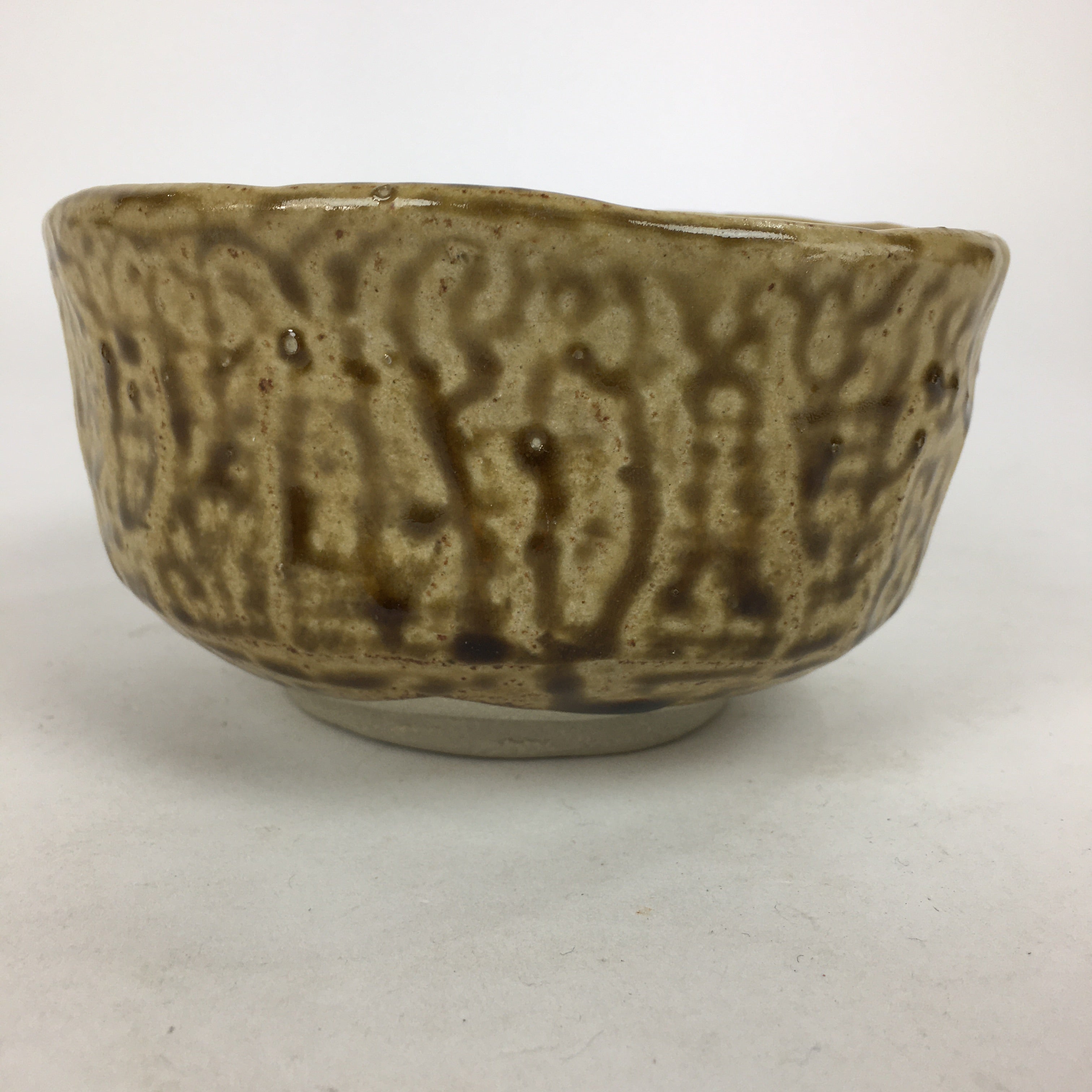 Japanese Ceramic Tea Ceremony Green Tea Bowl Vtg Chawan Yellow Brown GTB864