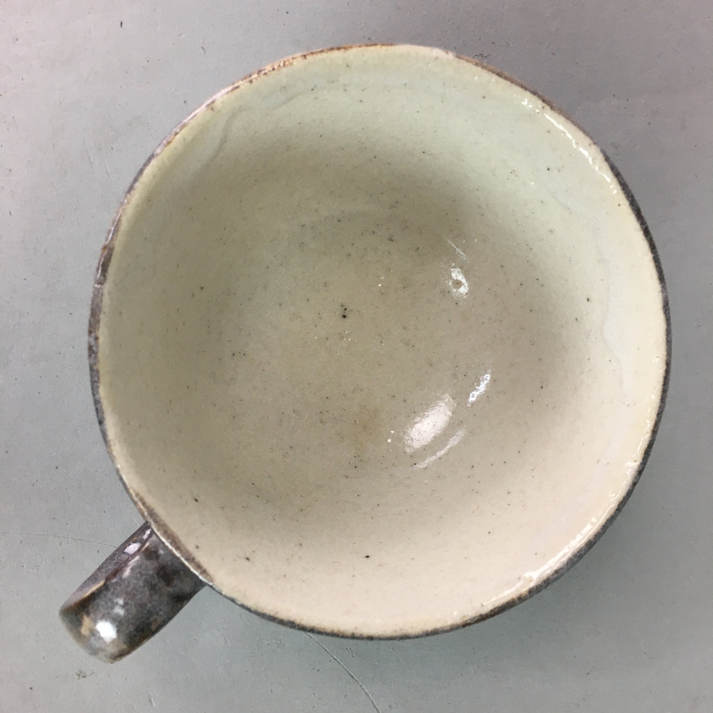 Japanese Ceramic Teacup Saucer Gray Shino ware Vtg Mug Pottery Handle PP9