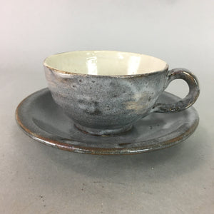 Japanese Ceramic Teacup Saucer Gray Shino ware Vtg Mug Pottery Handle PP9