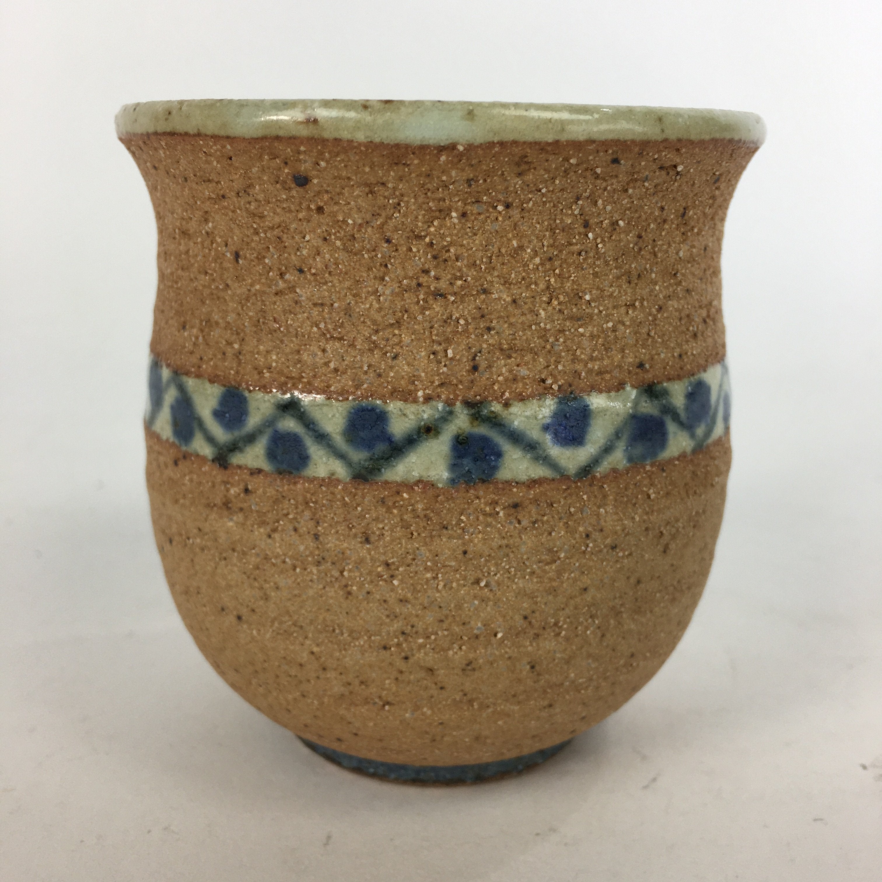Japanese Ceramic Teacup Yunomi Vtg Blue flower Brown Pottery Sencha TC221