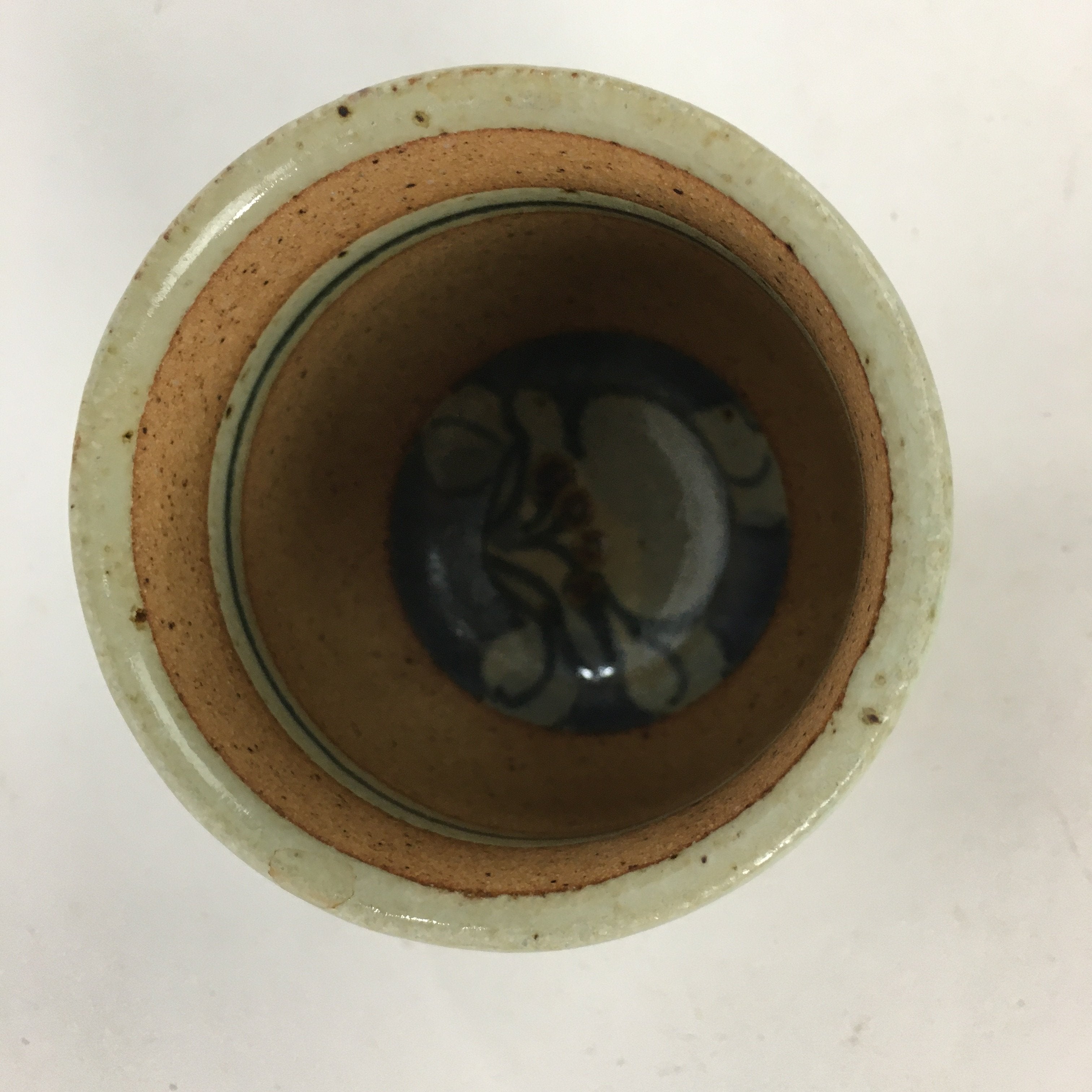 Japanese Ceramic Teacup Yunomi Vtg Blue flower Brown Pottery Sencha TC221