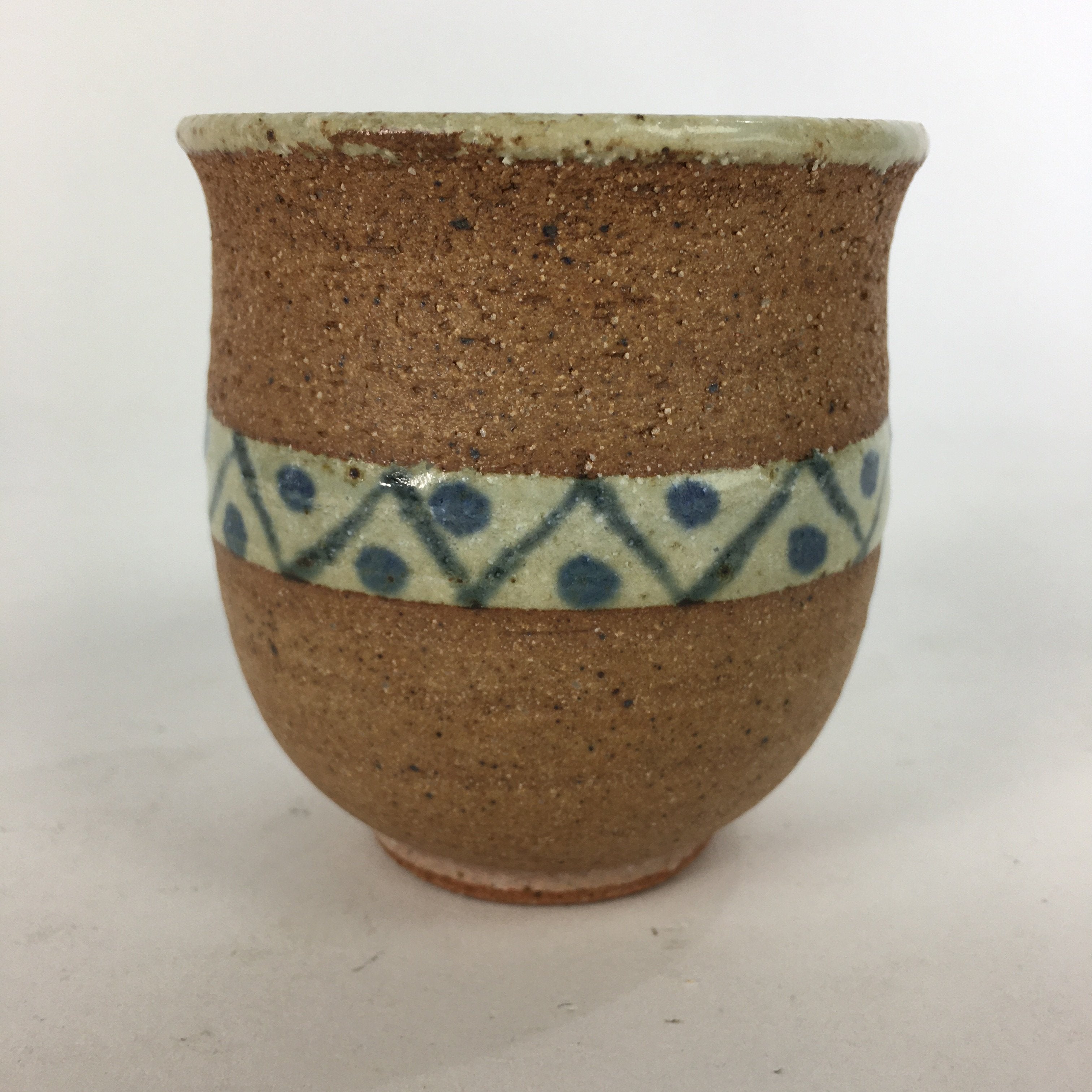 Japanese Ceramic Teacup Yunomi Vtg Blue flower Brown Pottery Sencha TC222