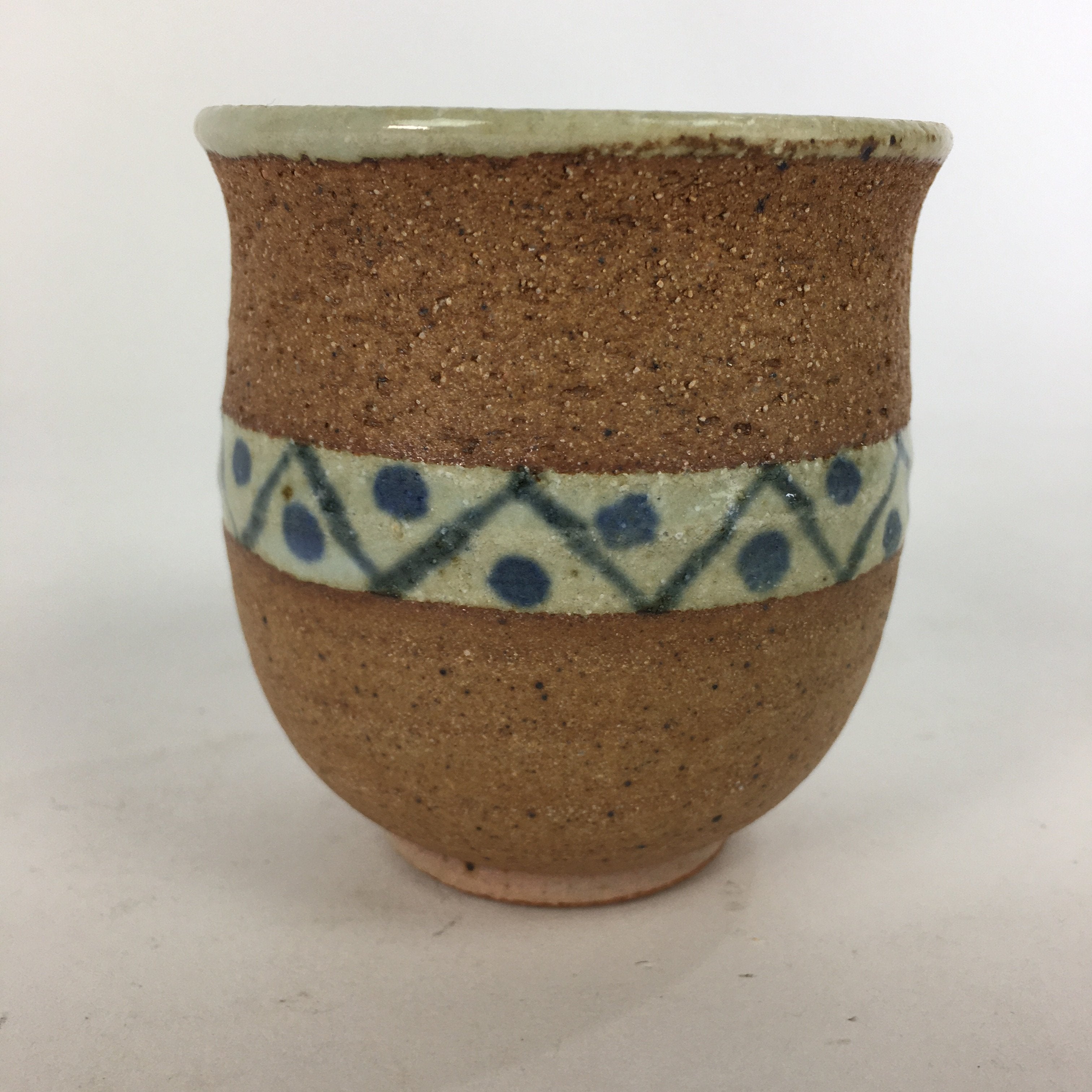 Japanese Ceramic Teacup Yunomi Vtg Blue flower Brown Pottery Sencha TC222