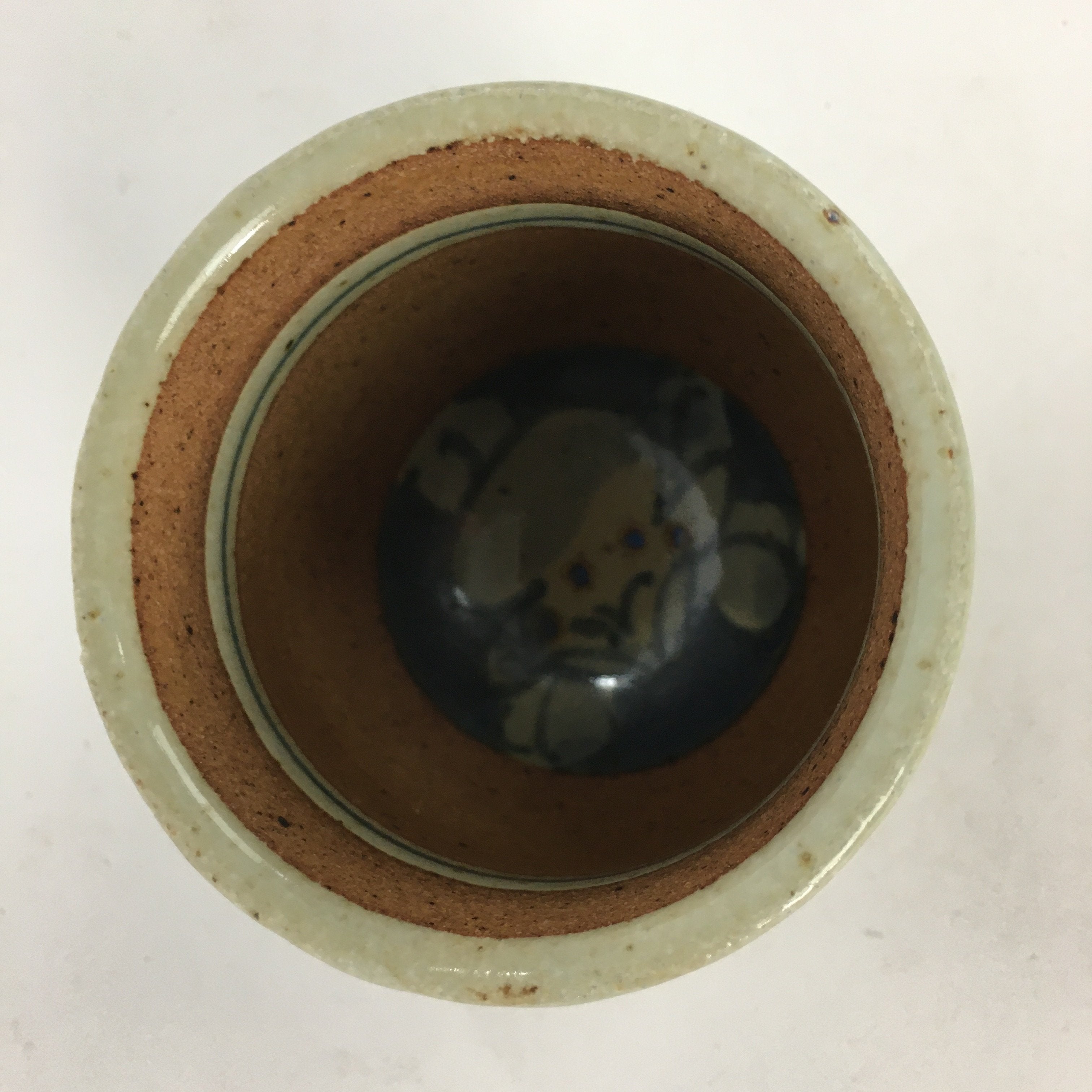Japanese Ceramic Teacup Yunomi Vtg Blue flower Brown Pottery Sencha TC222