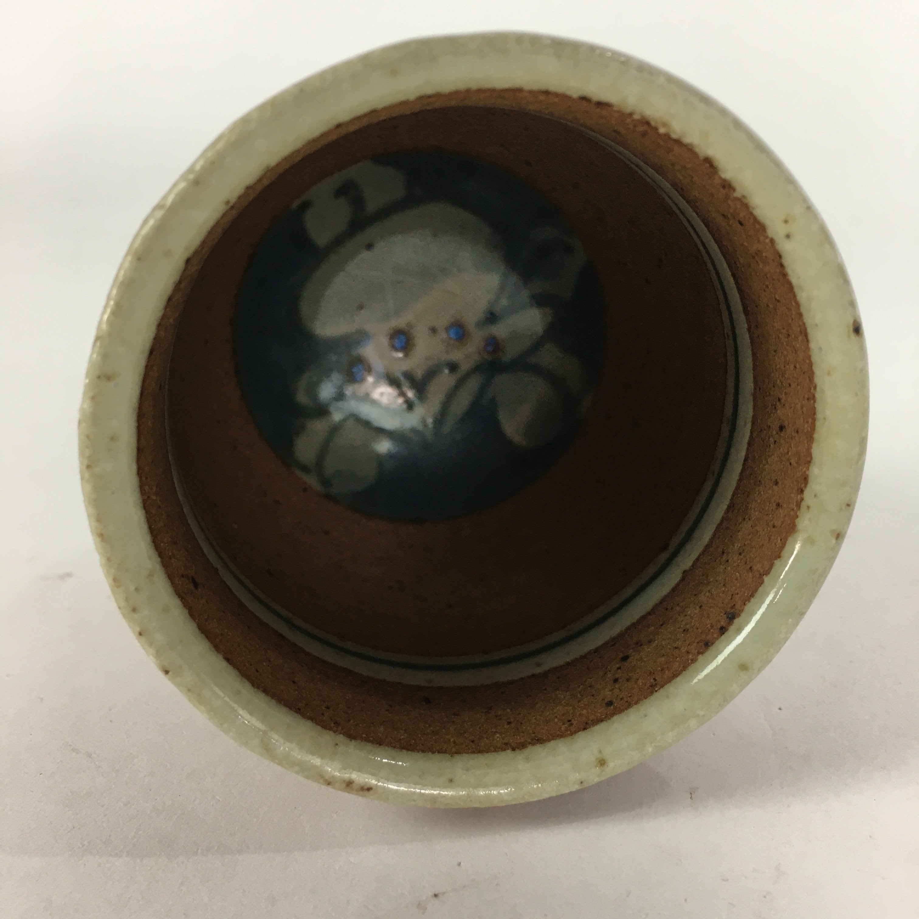 Japanese Ceramic Teacup Yunomi Vtg Blue flower Brown Pottery Sencha TC222