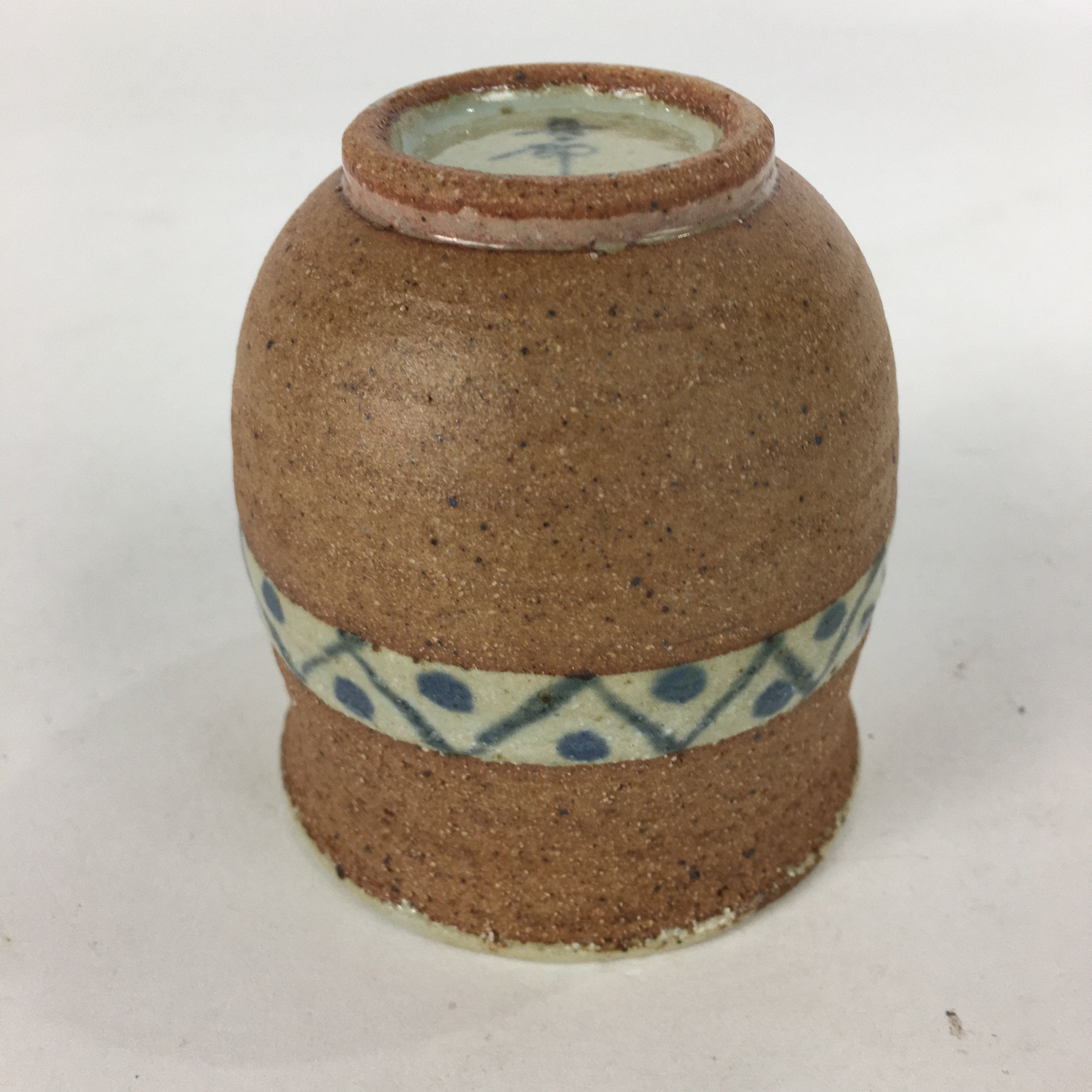 Japanese Ceramic Teacup Yunomi Vtg Blue flower Brown Pottery Sencha TC222