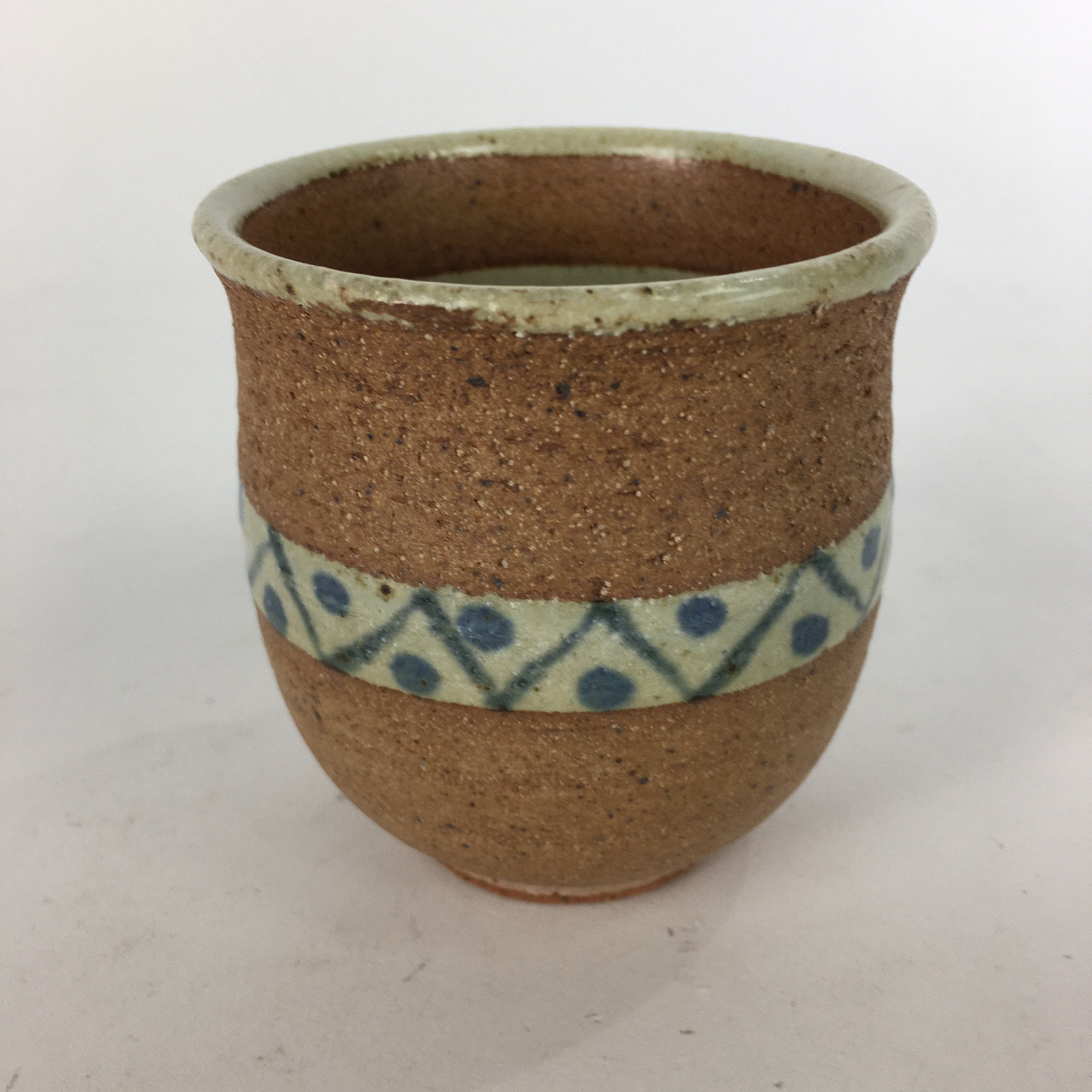 Japanese Ceramic Teacup Yunomi Vtg Blue flower Brown Pottery Sencha TC222