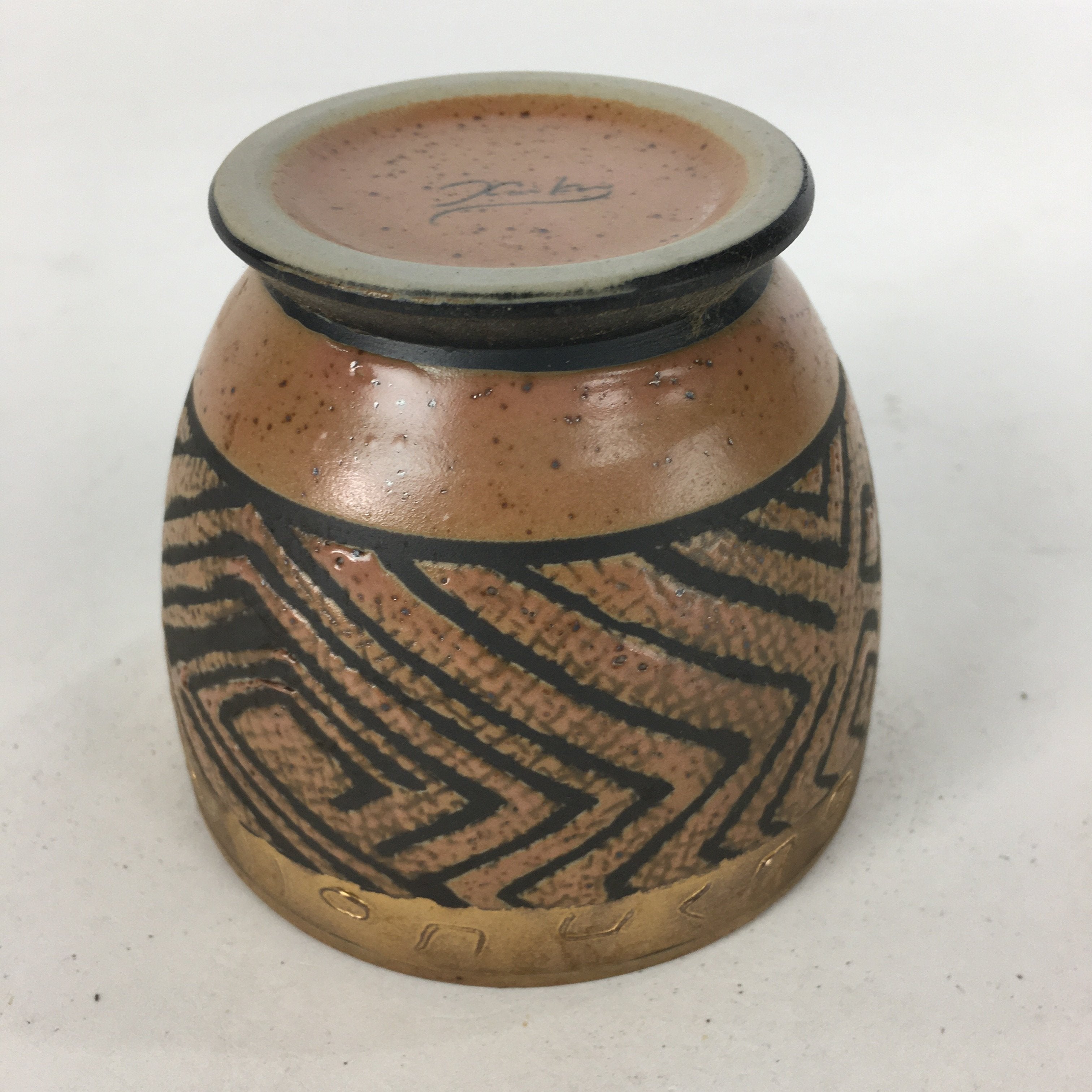 Japanese Ceramic Teacup Yunomi Vtg Brown Black Geometric Pattern Sencha TC223