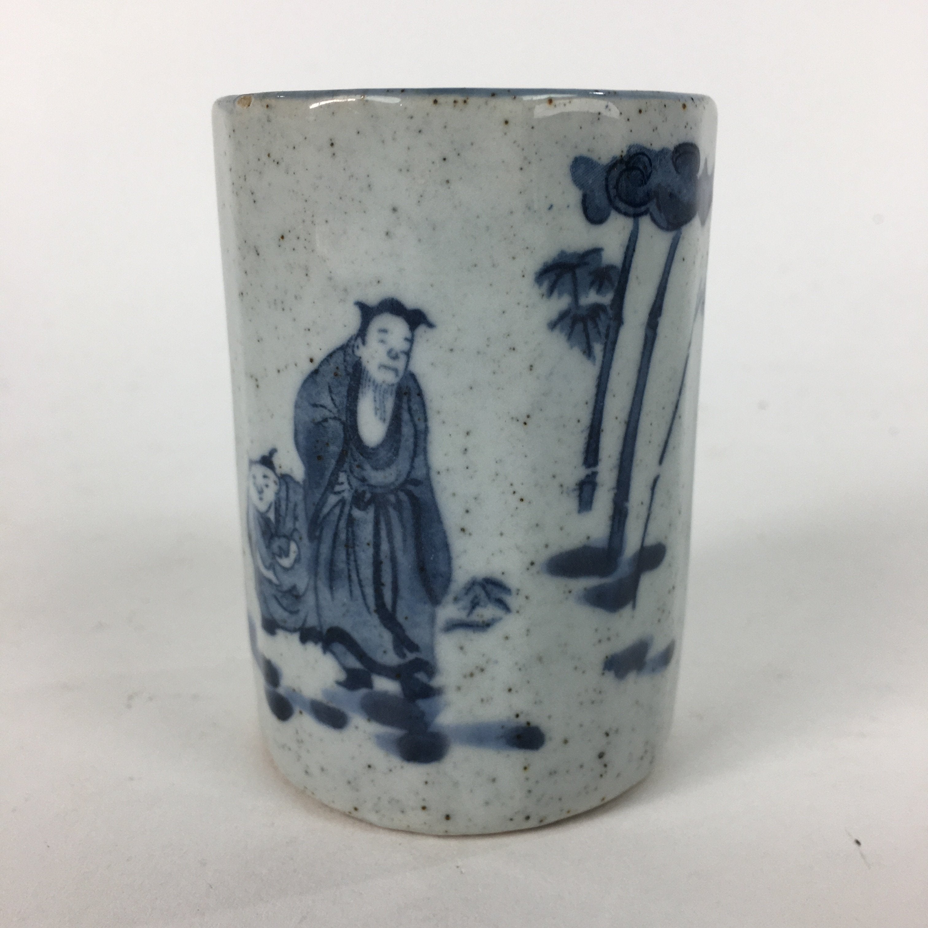 Japanese Ceramic Teacup Yunomi Vtg Gray Chinese Style Blue Design Sencha TC235
