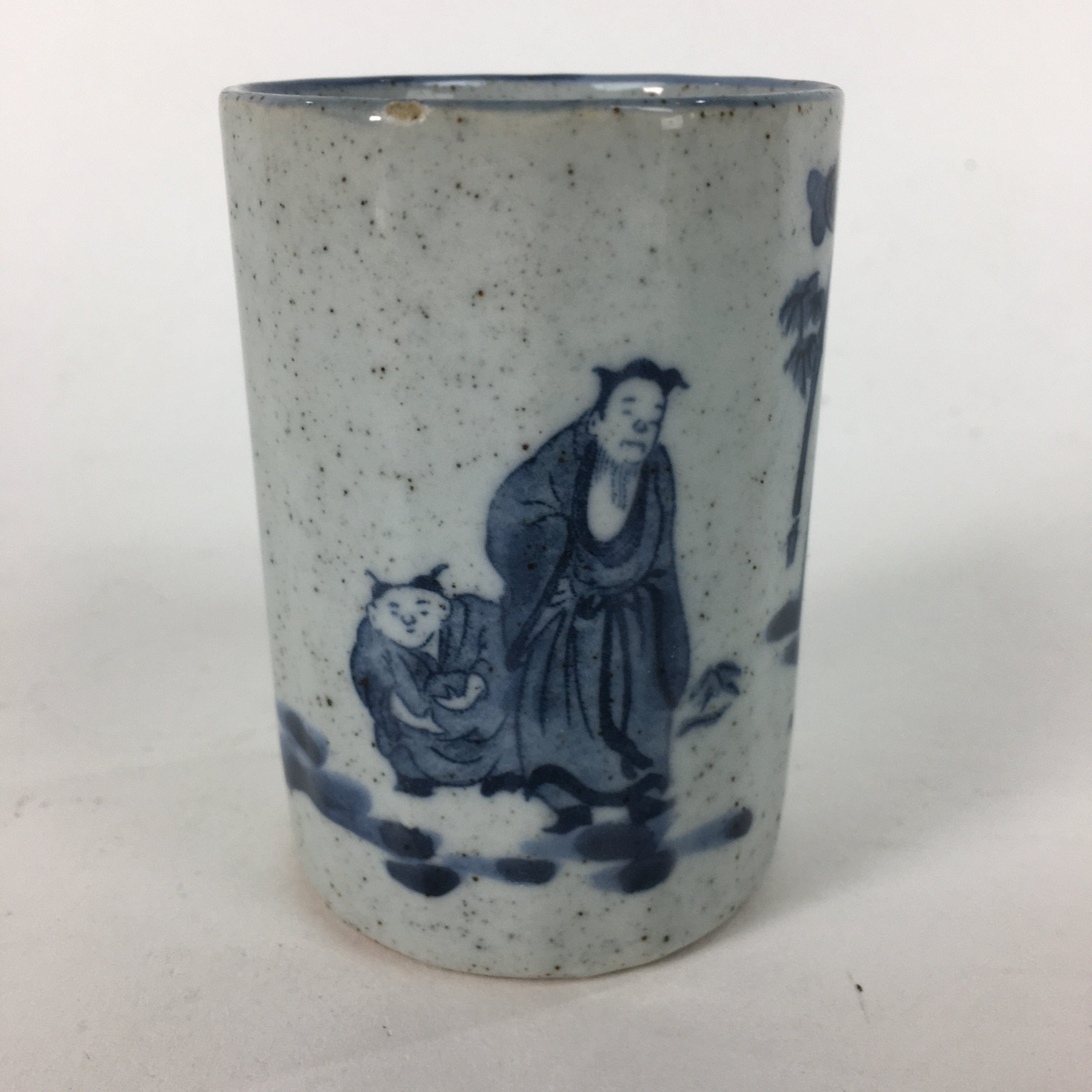 Japanese Ceramic Teacup Yunomi Vtg Gray Chinese Style Blue Design Sencha TC235