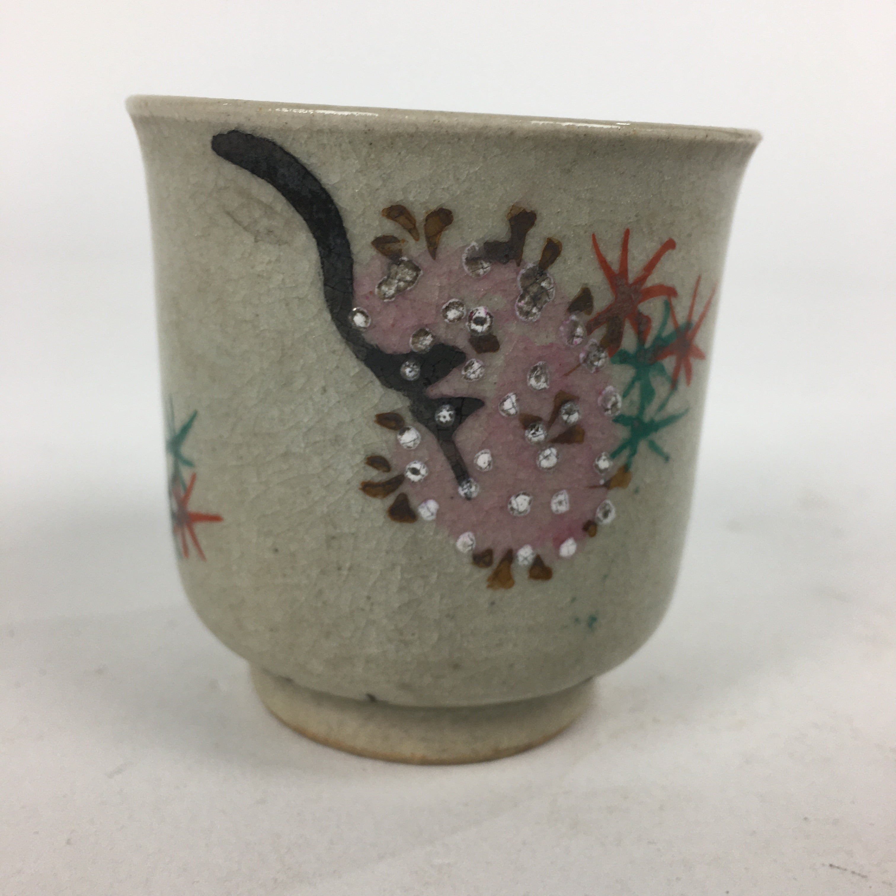 Japanese Ceramic Teacup Yunomi Vtg Hand Drawn Cherry Blossom Tree Sencha TC286