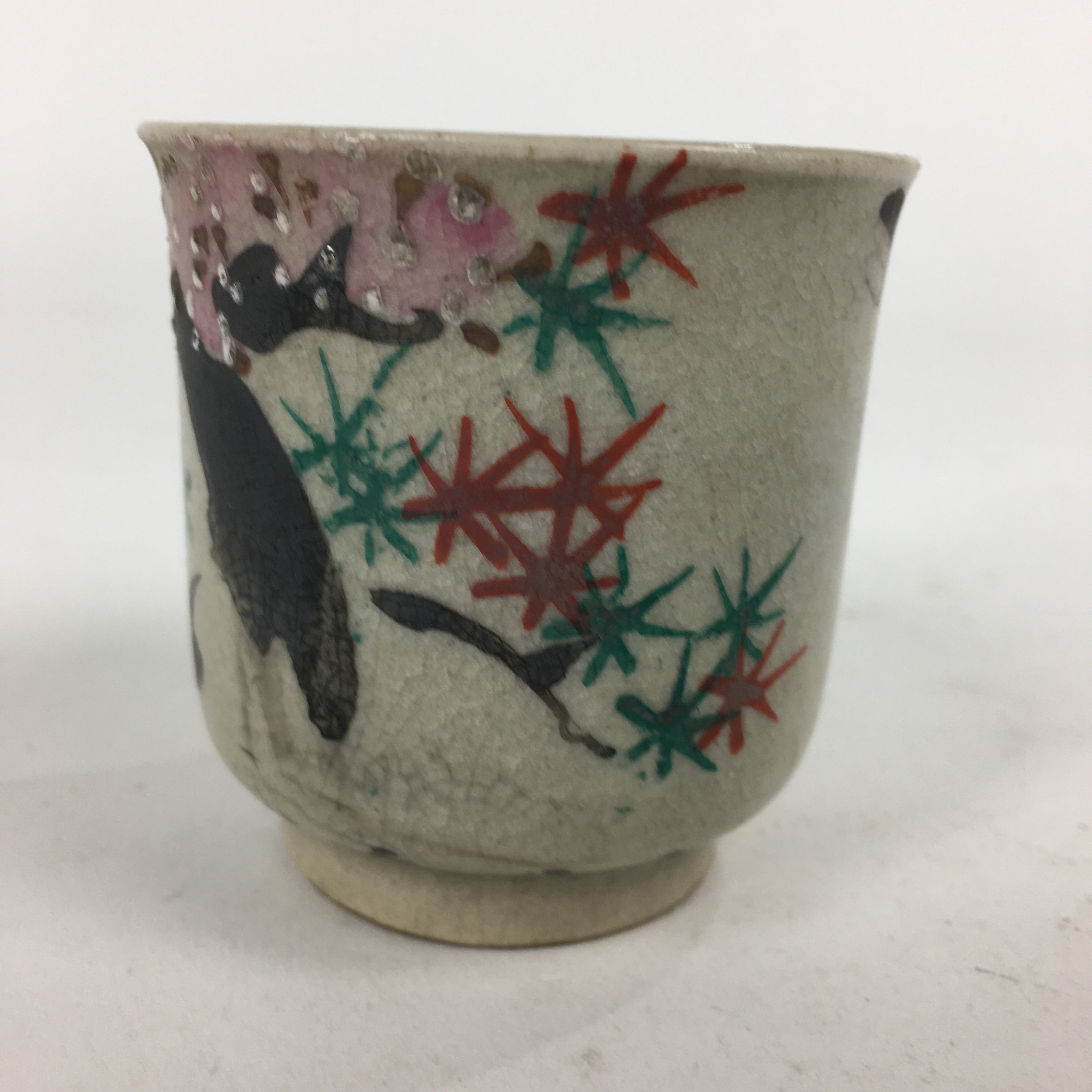 Japanese Ceramic Teacup Yunomi Vtg Hand Drawn Cherry Blossom Tree Sencha TC286