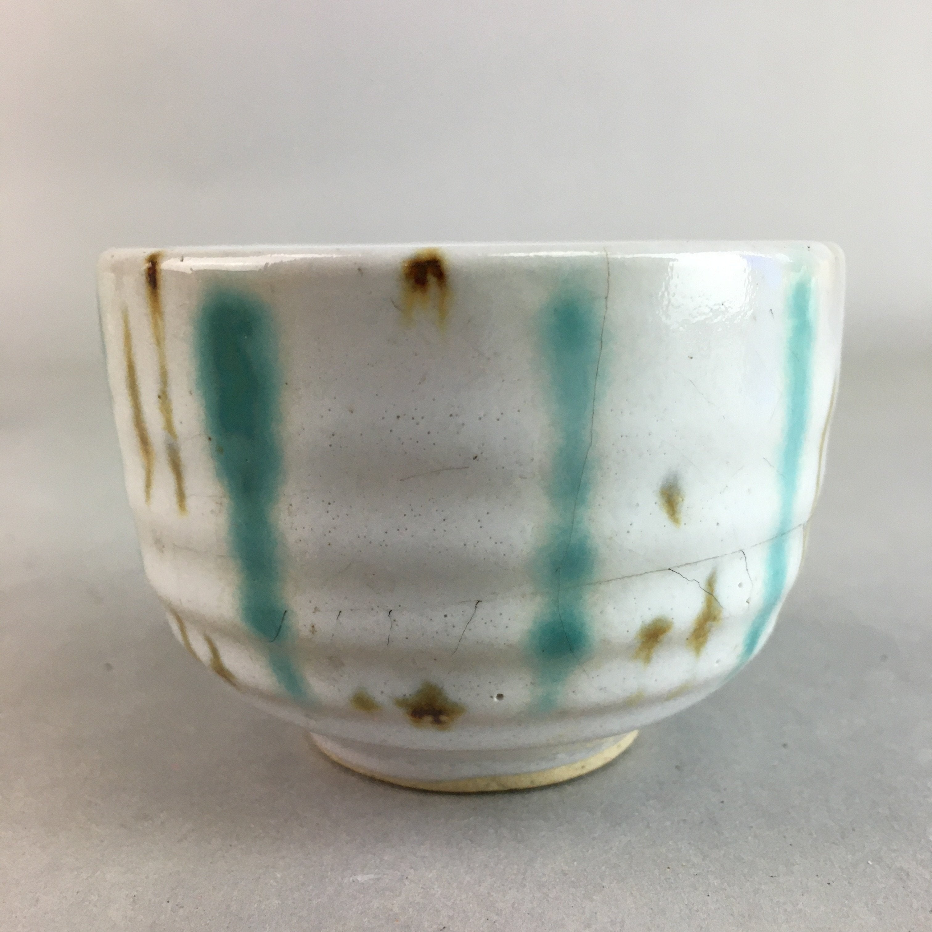 Japanese Ceramic Teacup Yunomi Vtg Pottery Green Brown White Sencha TC111