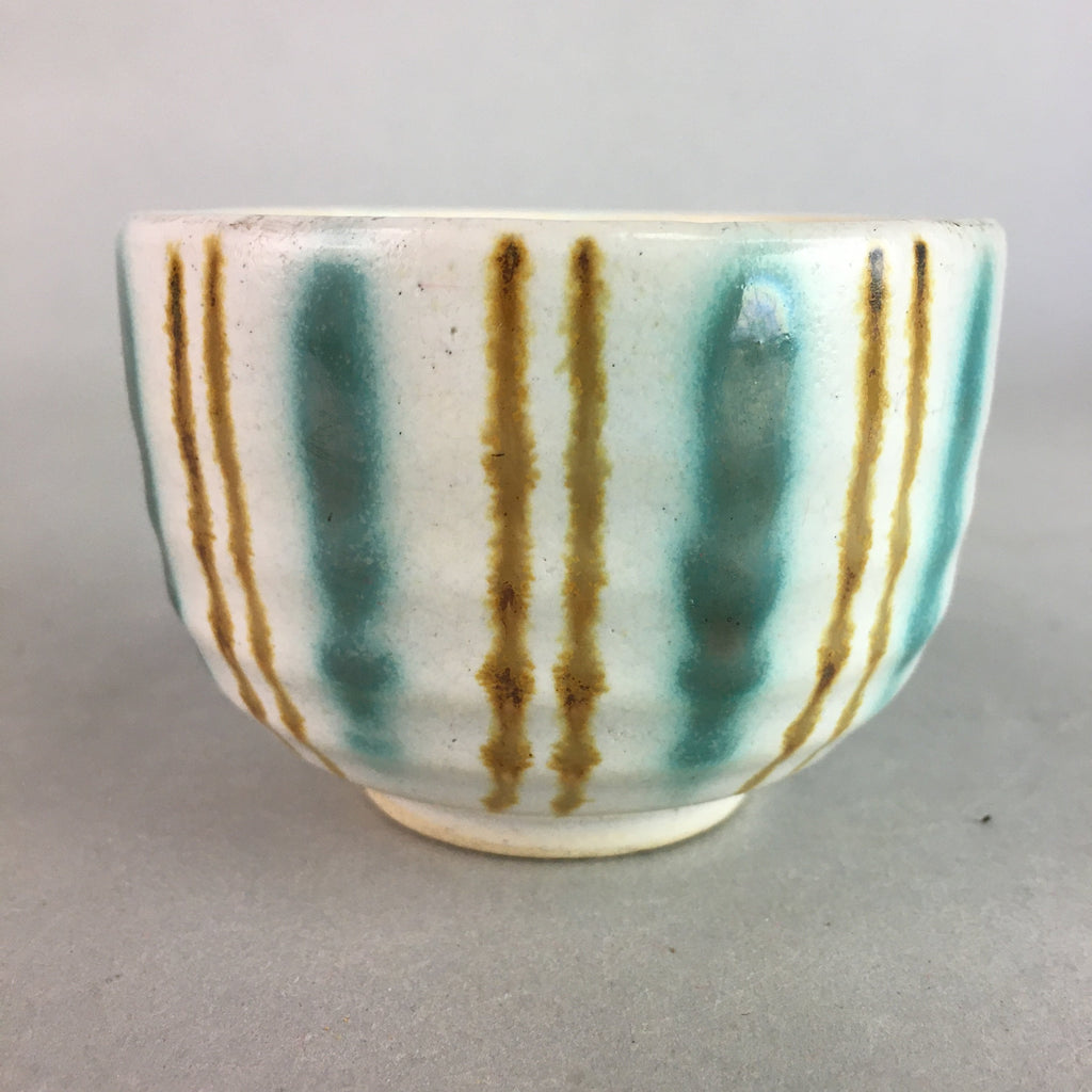 Japanese Ceramic Teacup Yunomi Vtg Pottery Green Brown White Sencha TC112