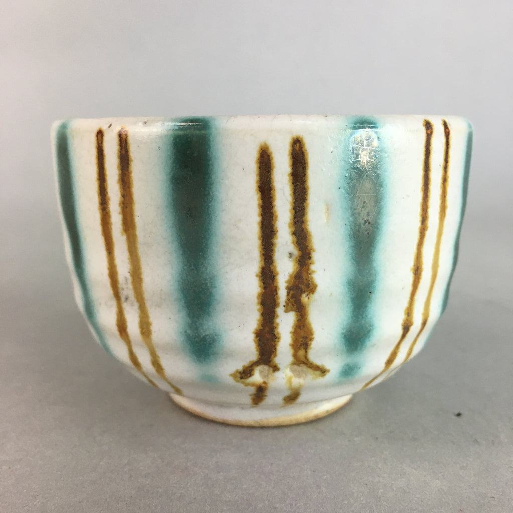 Japanese Ceramic Teacup Yunomi Vtg Pottery Green Brown White Sencha TC113