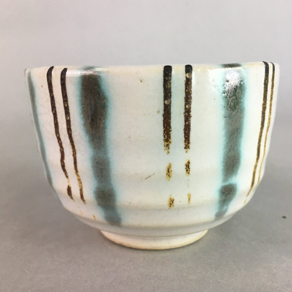 Japanese Ceramic Teacup Yunomi Vtg Pottery Green Brown White Sencha TC114