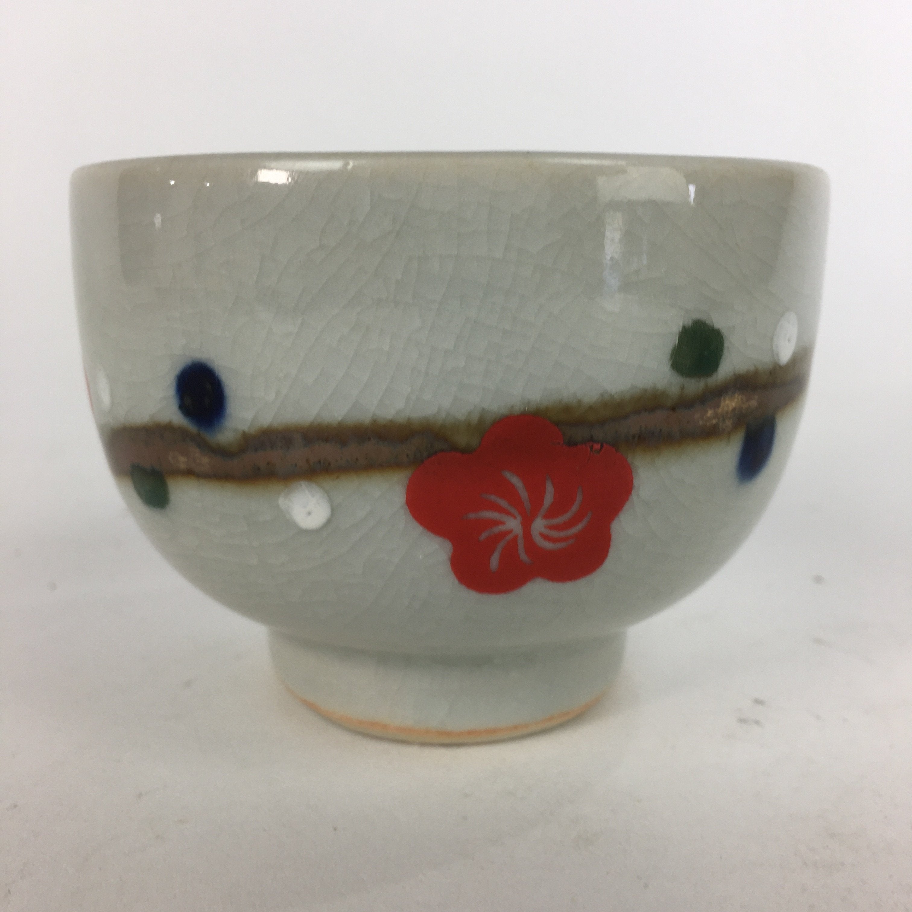 Japanese Ceramic Teacup Yunomi Vtg Red Plum Blossoms White Sencha TC219
