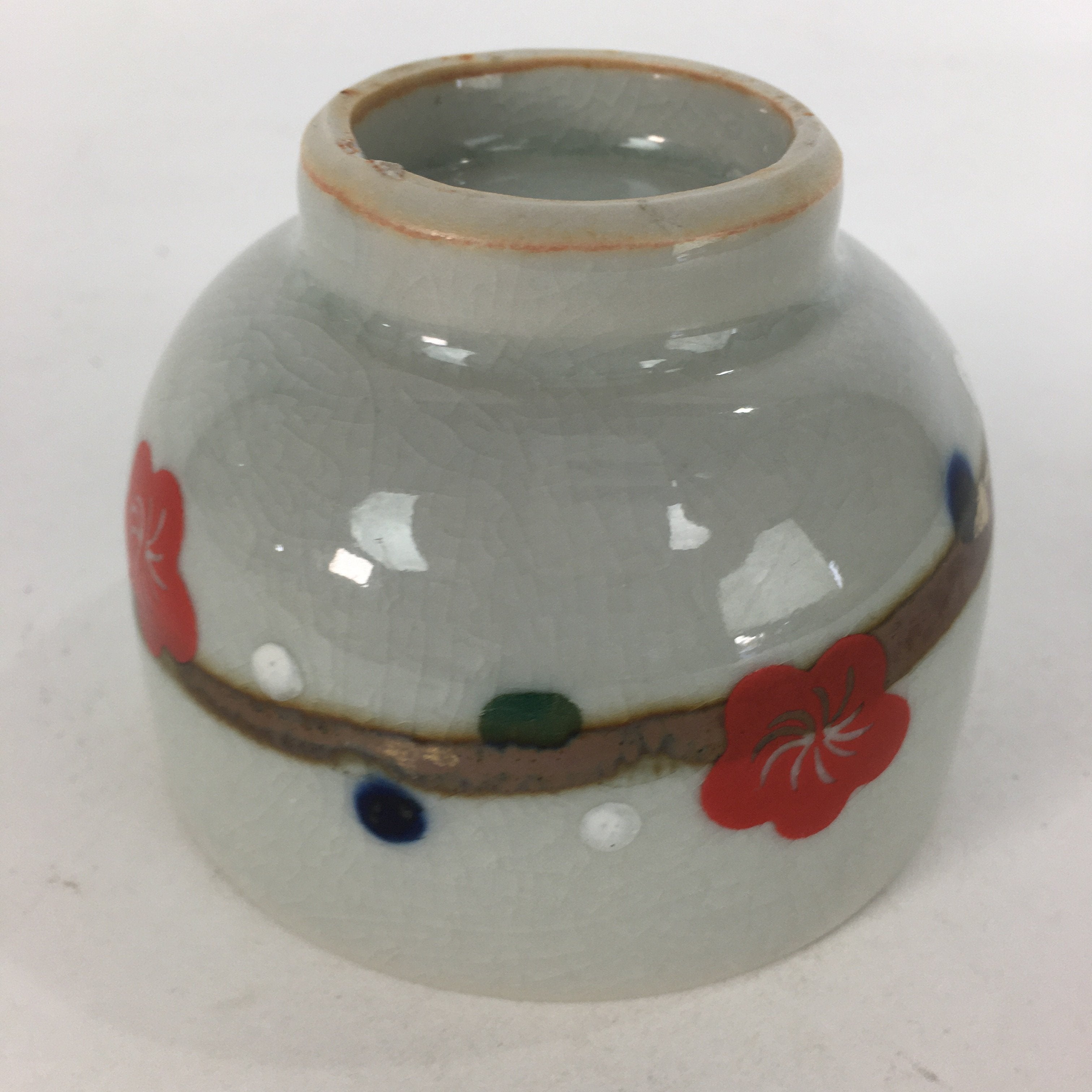 Japanese Ceramic Teacup Yunomi Vtg Red Plum Blossoms White Sencha TC219