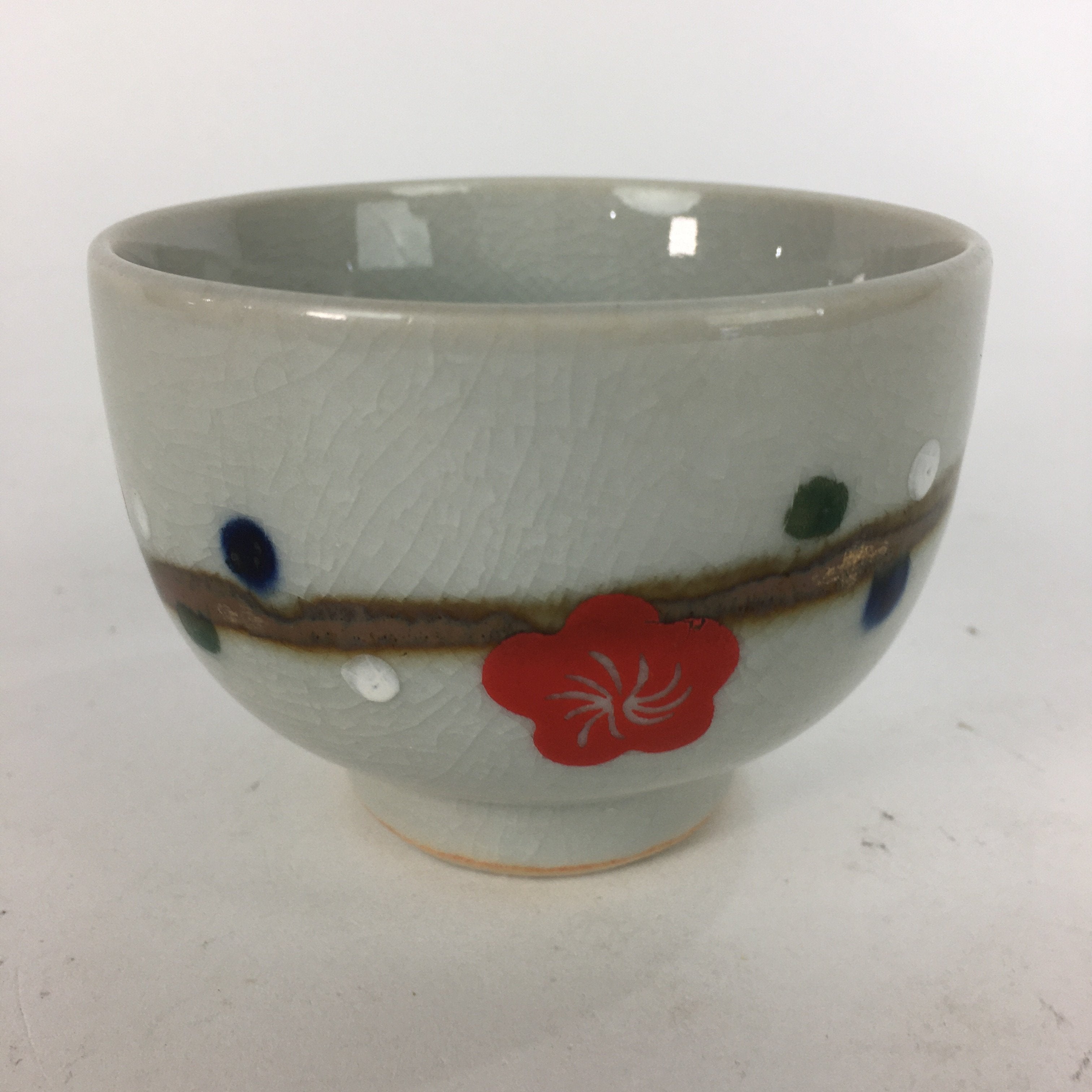Japanese Ceramic Teacup Yunomi Vtg Red Plum Blossoms White Sencha TC219