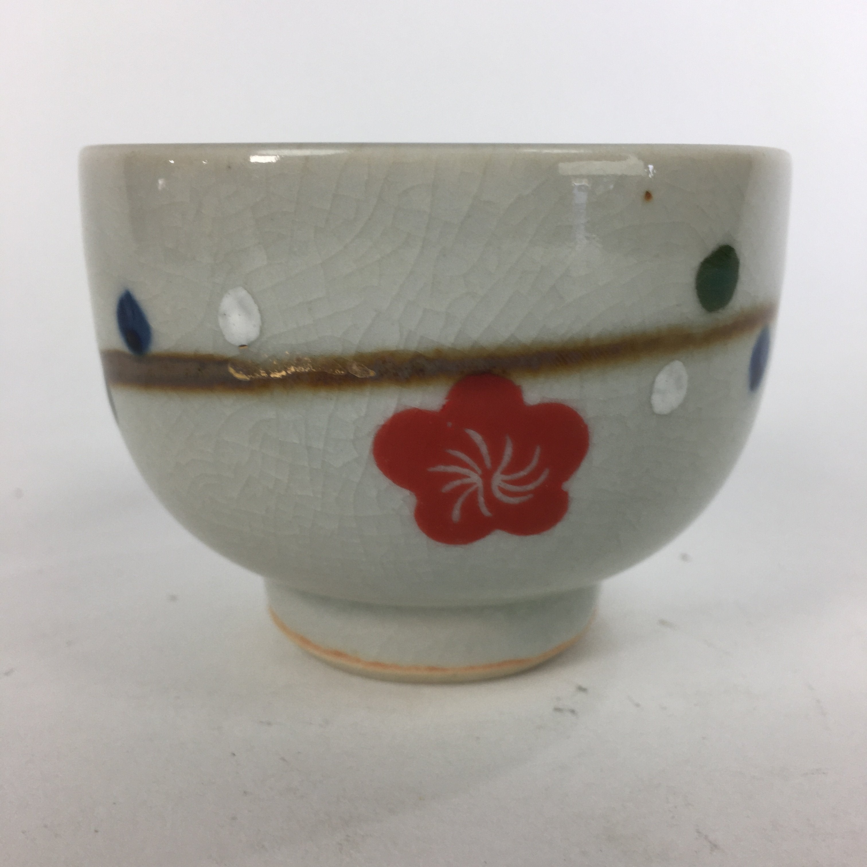Japanese Ceramic Teacup Yunomi Vtg Red Plum Blossoms White Sencha TC220
