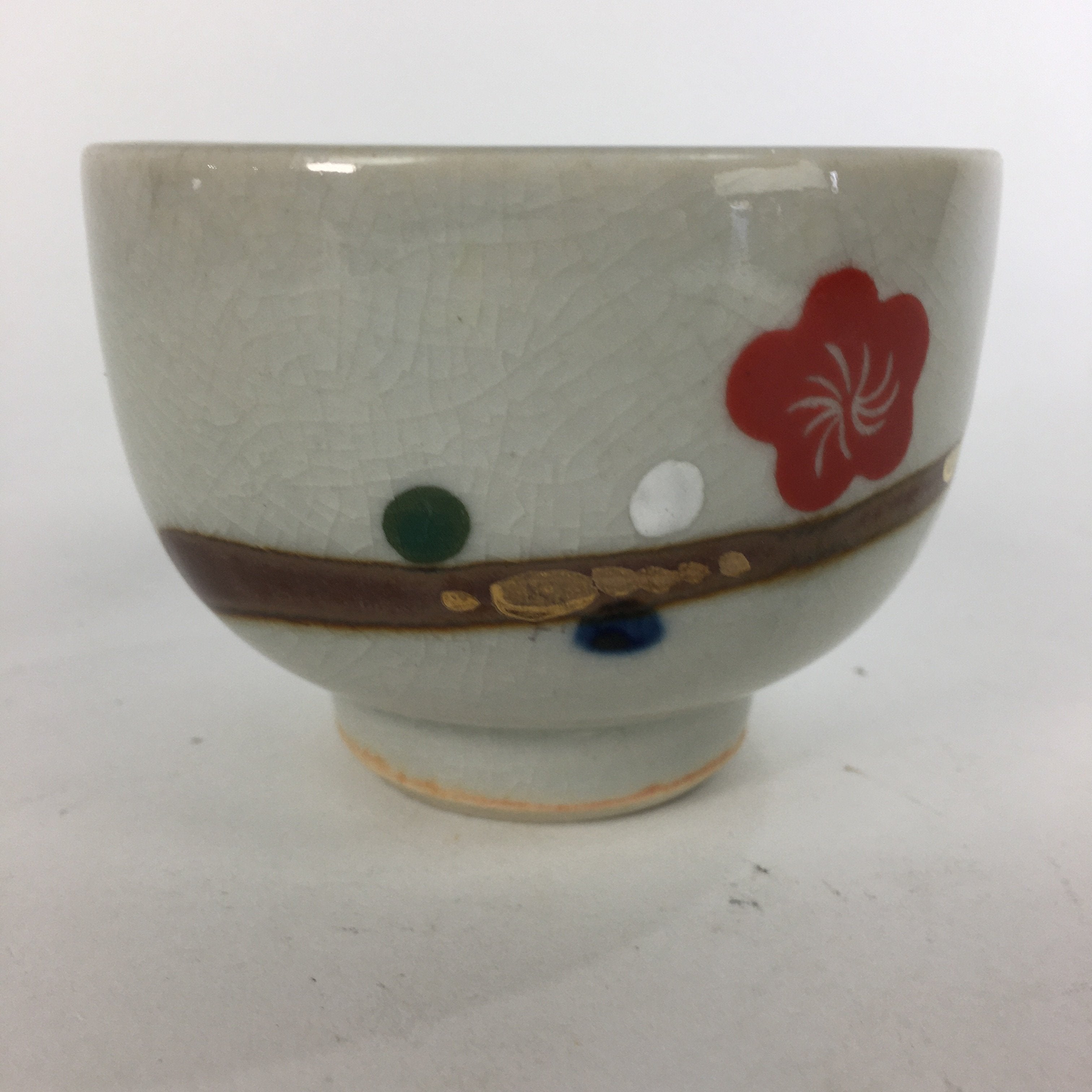 Japanese Ceramic Teacup Yunomi Vtg Red Plum Blossoms White Sencha TC220