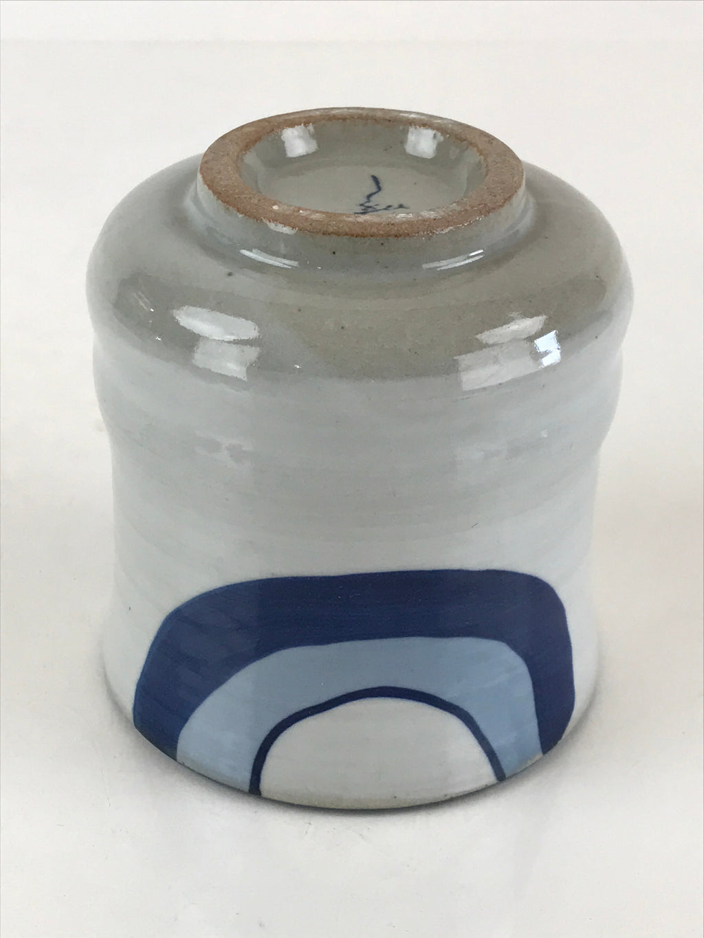 Japanese Ceramic Teacup Yunomi Vtg White Glaze Blue Semicircle Green Tea TC331