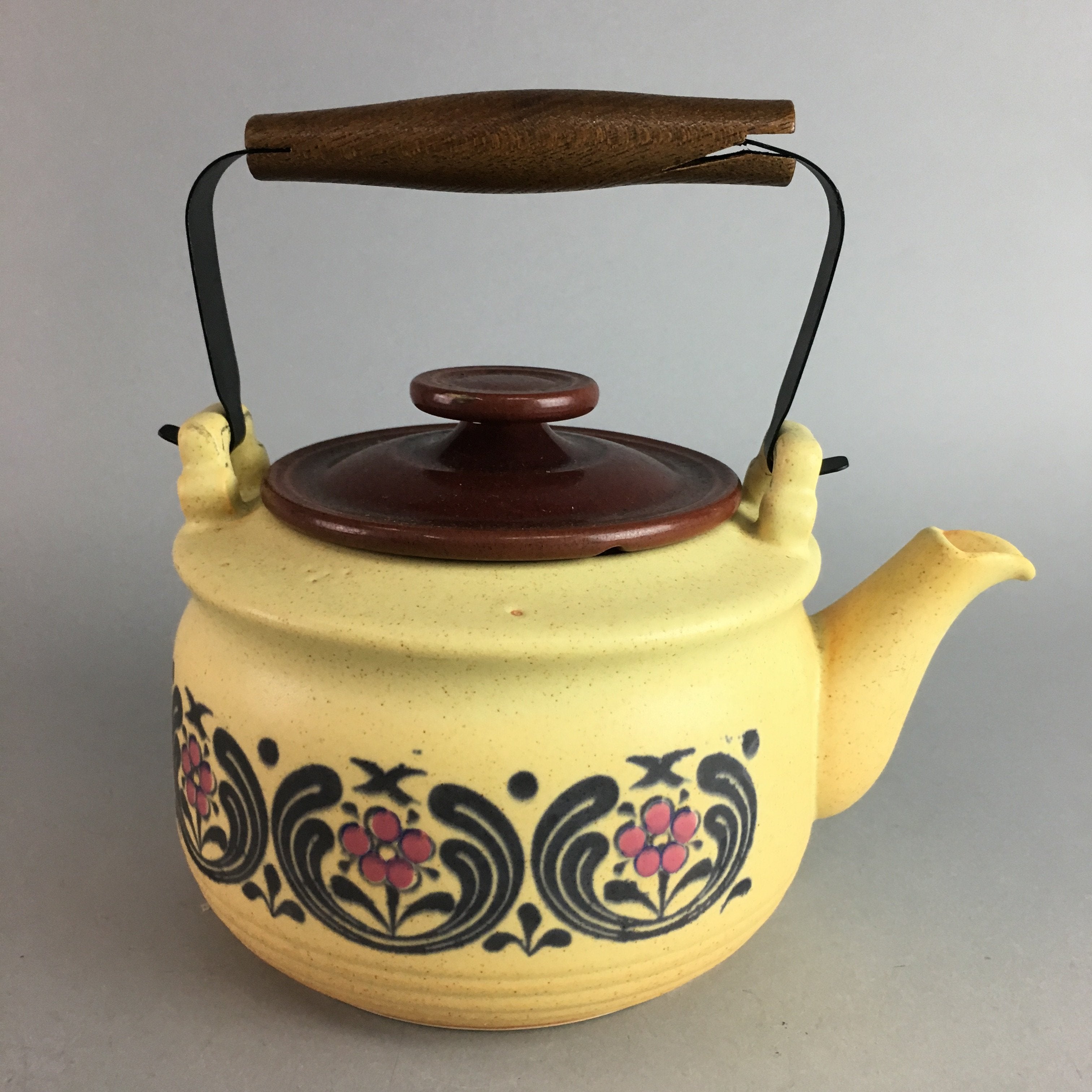 Japanese Ceramic Teapot Kettle Vtg Yellow Shungyo Pottery Floral Handle PX236