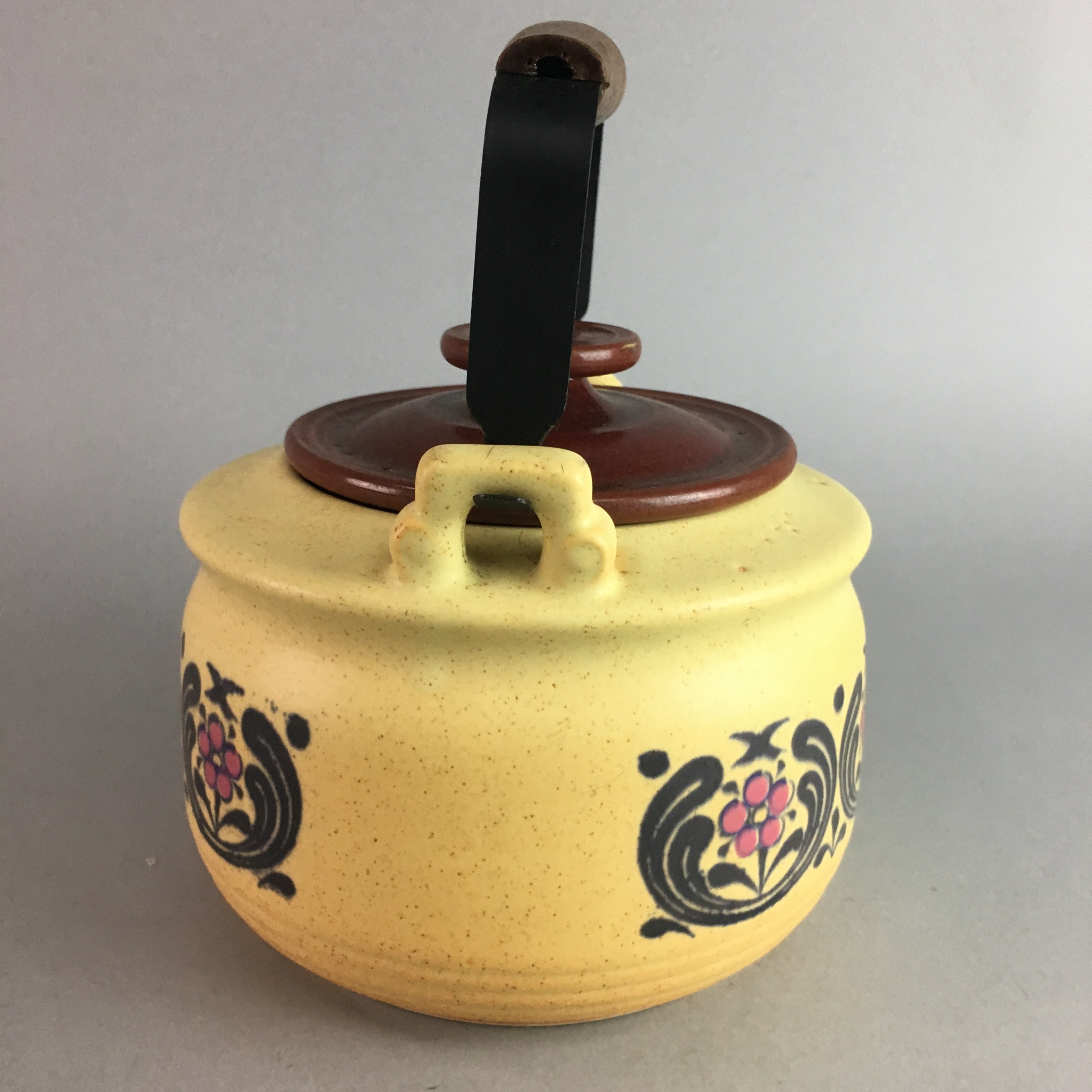 Japanese Ceramic Teapot Kettle Vtg Yellow Shungyo Pottery Floral Handle PX236