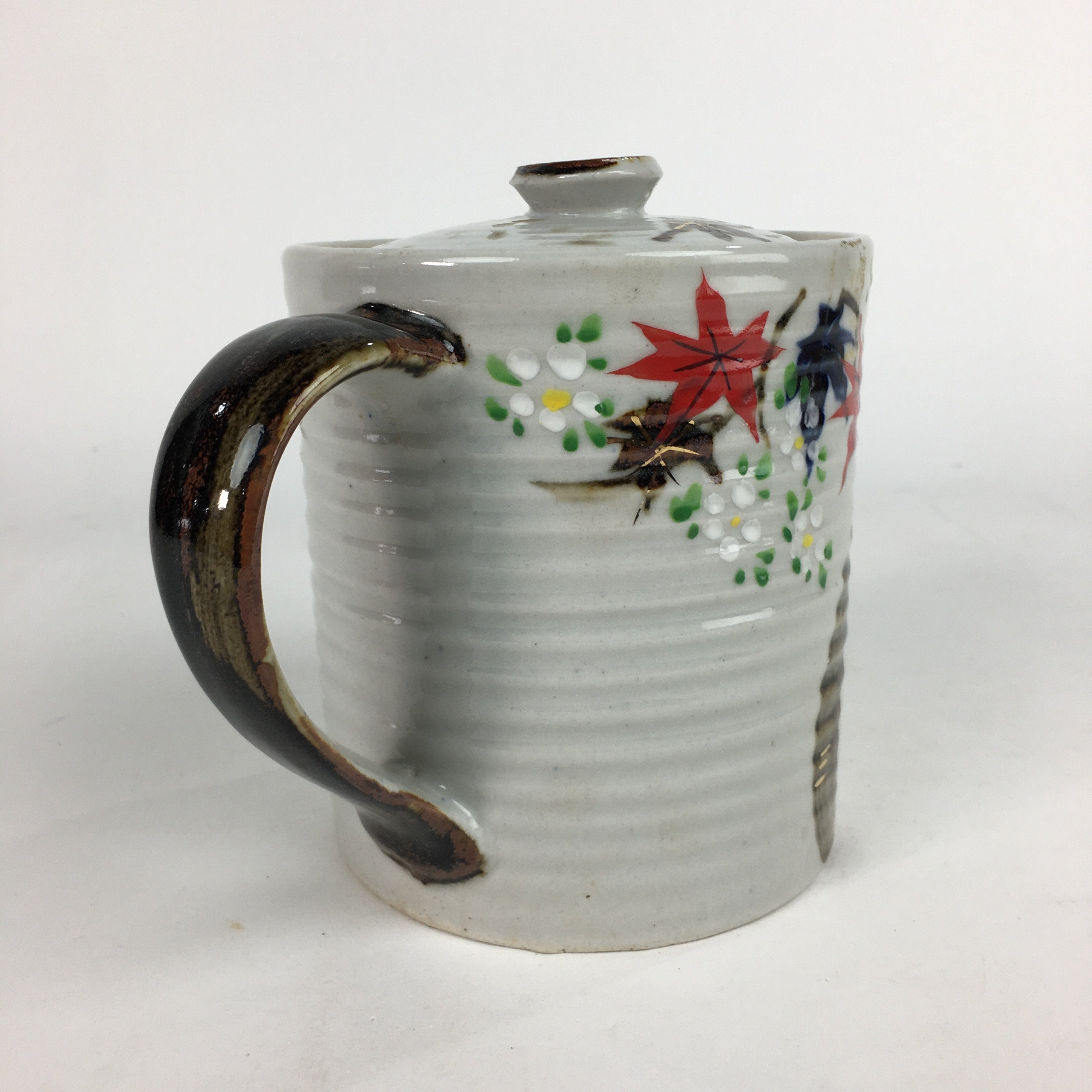 Japanese Ceramic Teapot Vtg Kyusu Gray Autumn Leaves Design Sencha PP541