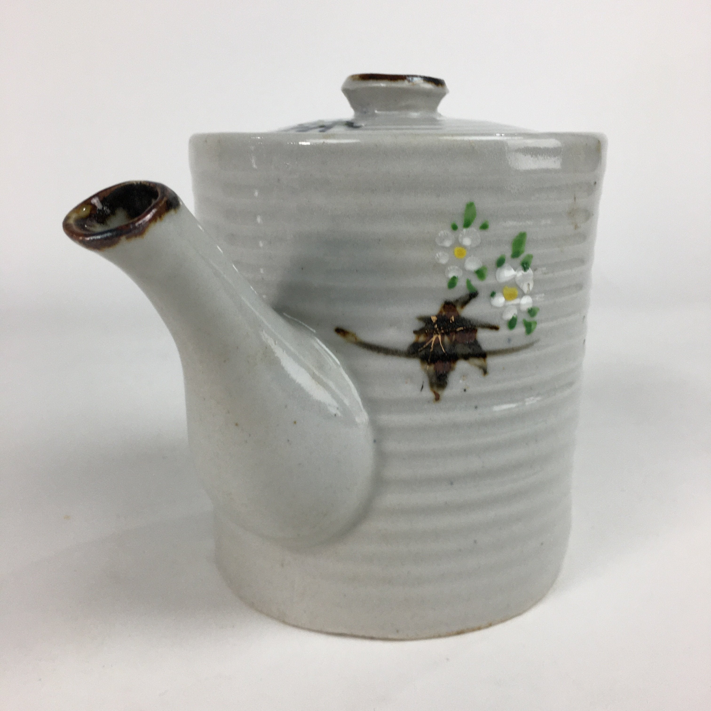 Japanese Ceramic Teapot Vtg Kyusu Gray Autumn Leaves Design Sencha PP541