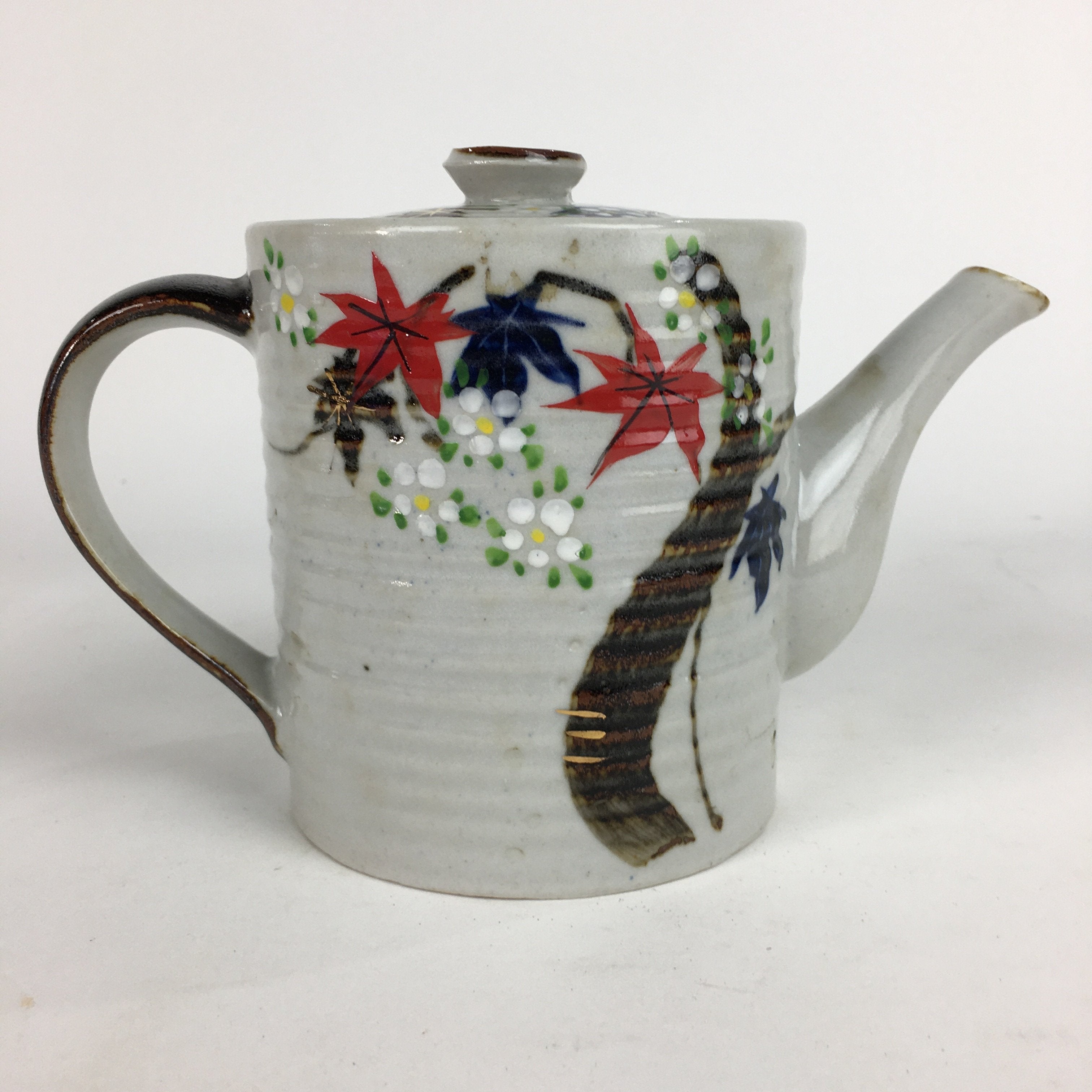 Japanese Ceramic Teapot Vtg Kyusu Gray Autumn Leaves Design Sencha PP542