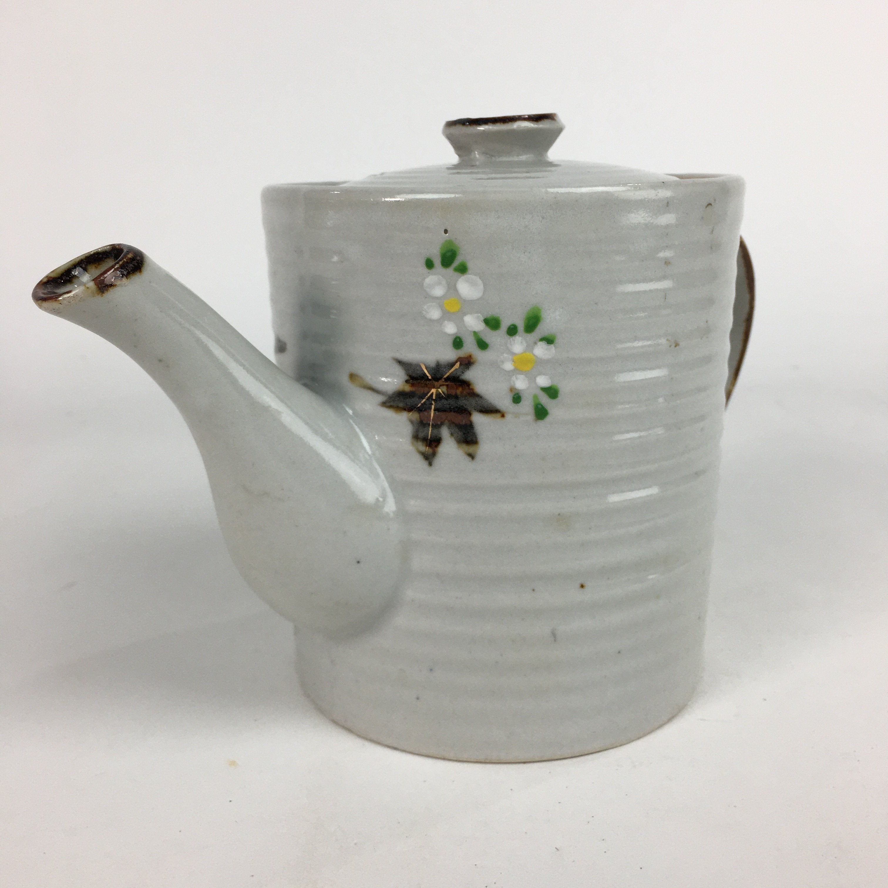 Japanese Ceramic Teapot Vtg Kyusu Gray Autumn Leaves Design Sencha PP542