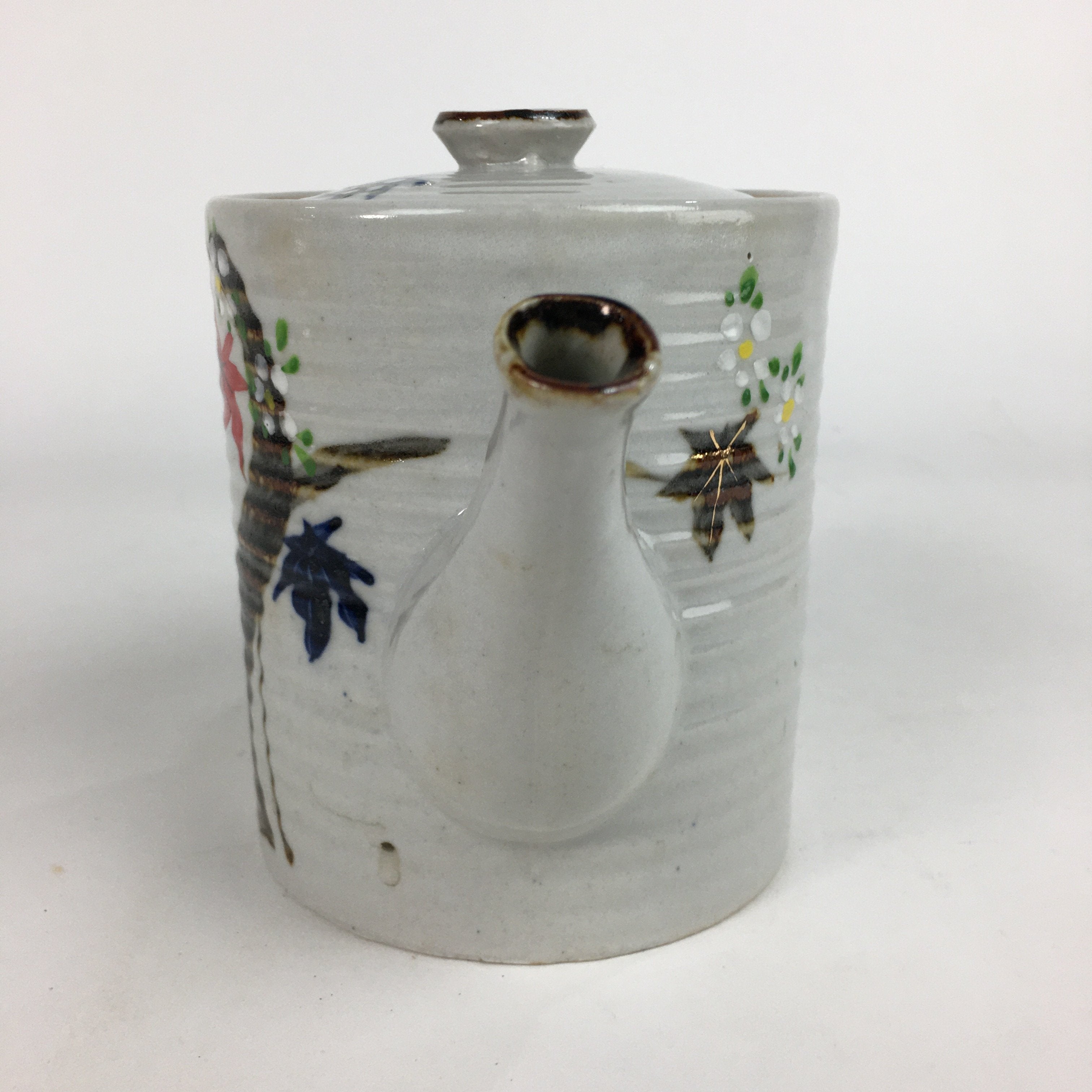 Japanese Ceramic Teapot Vtg Kyusu Gray Autumn Leaves Design Sencha PP542