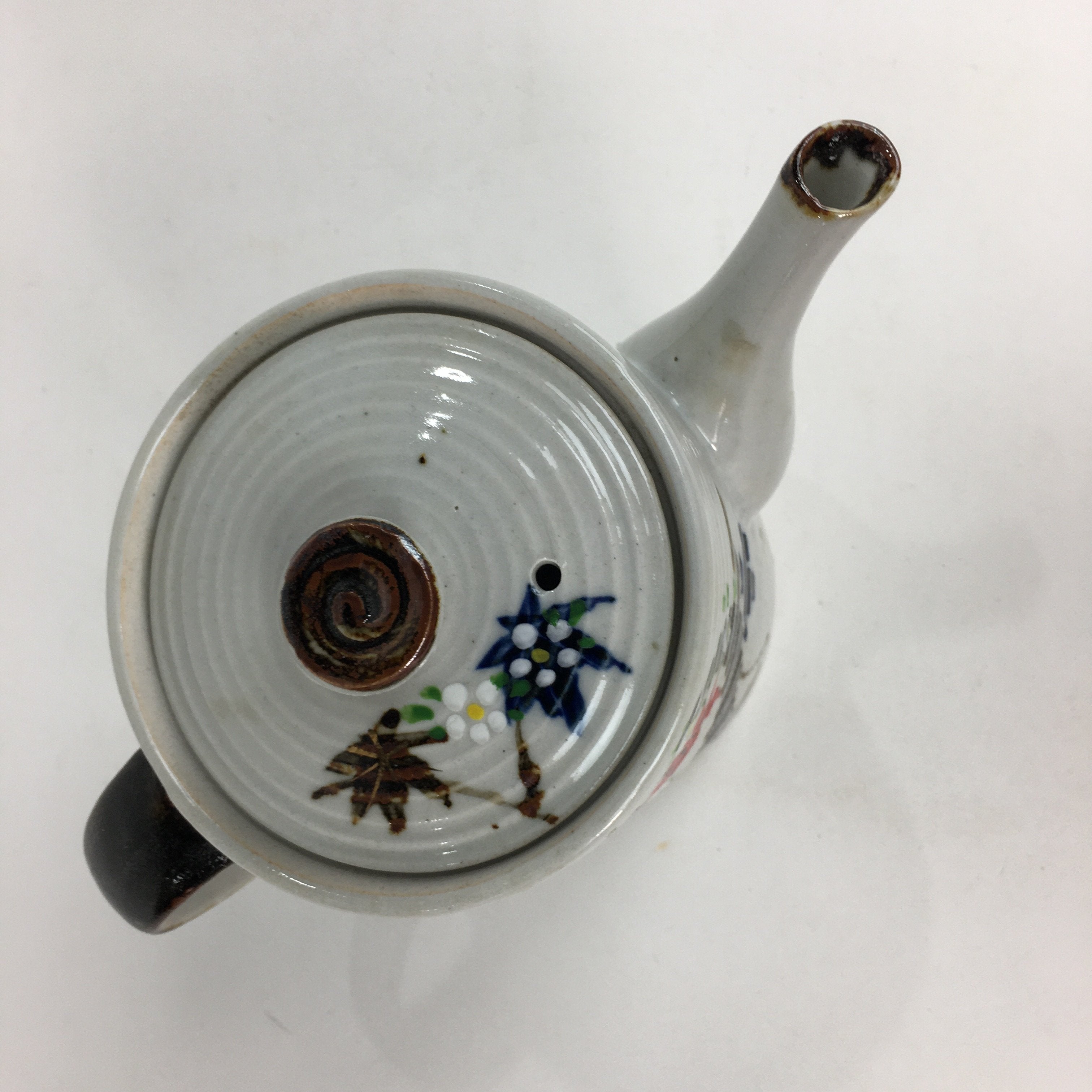 Japanese Ceramic Teapot Vtg Kyusu Gray Autumn Leaves Design Sencha PP542