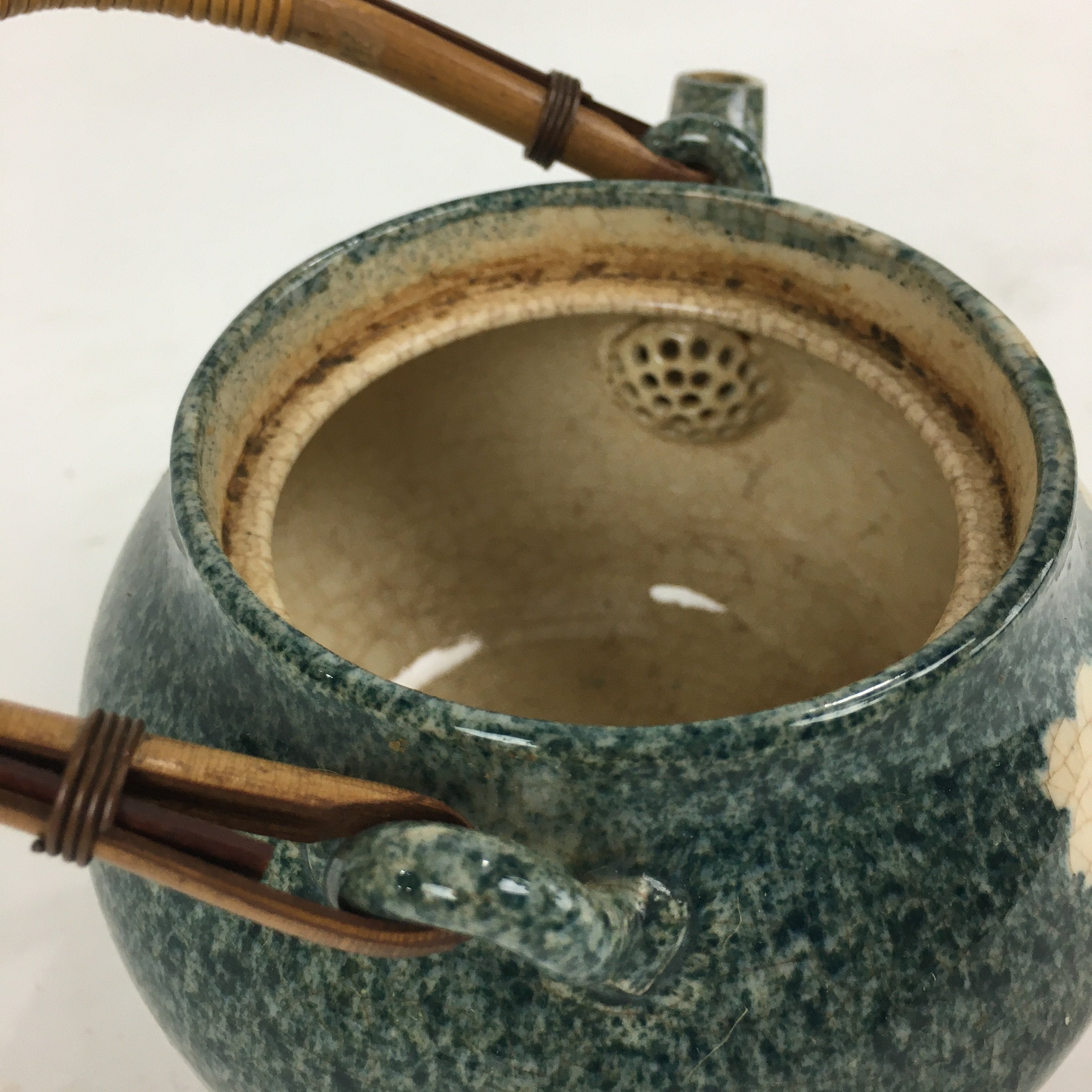 Japanese Ceramic Teapot Vtg Kyusu Pottery Sencha Blue White Plum blossoms PP738