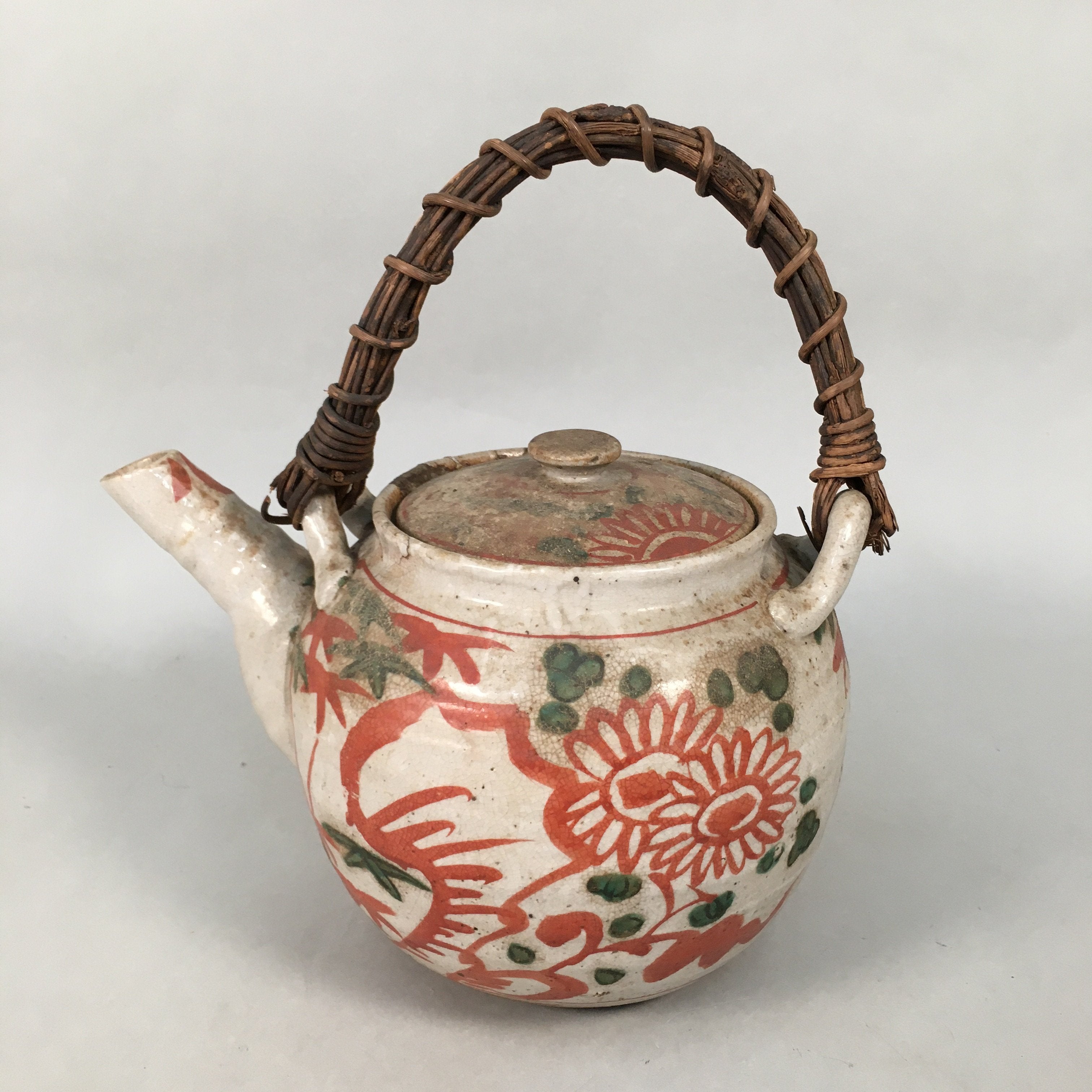 Japanese Ceramic Hand Painted Teapot with Bamboo Handle - The