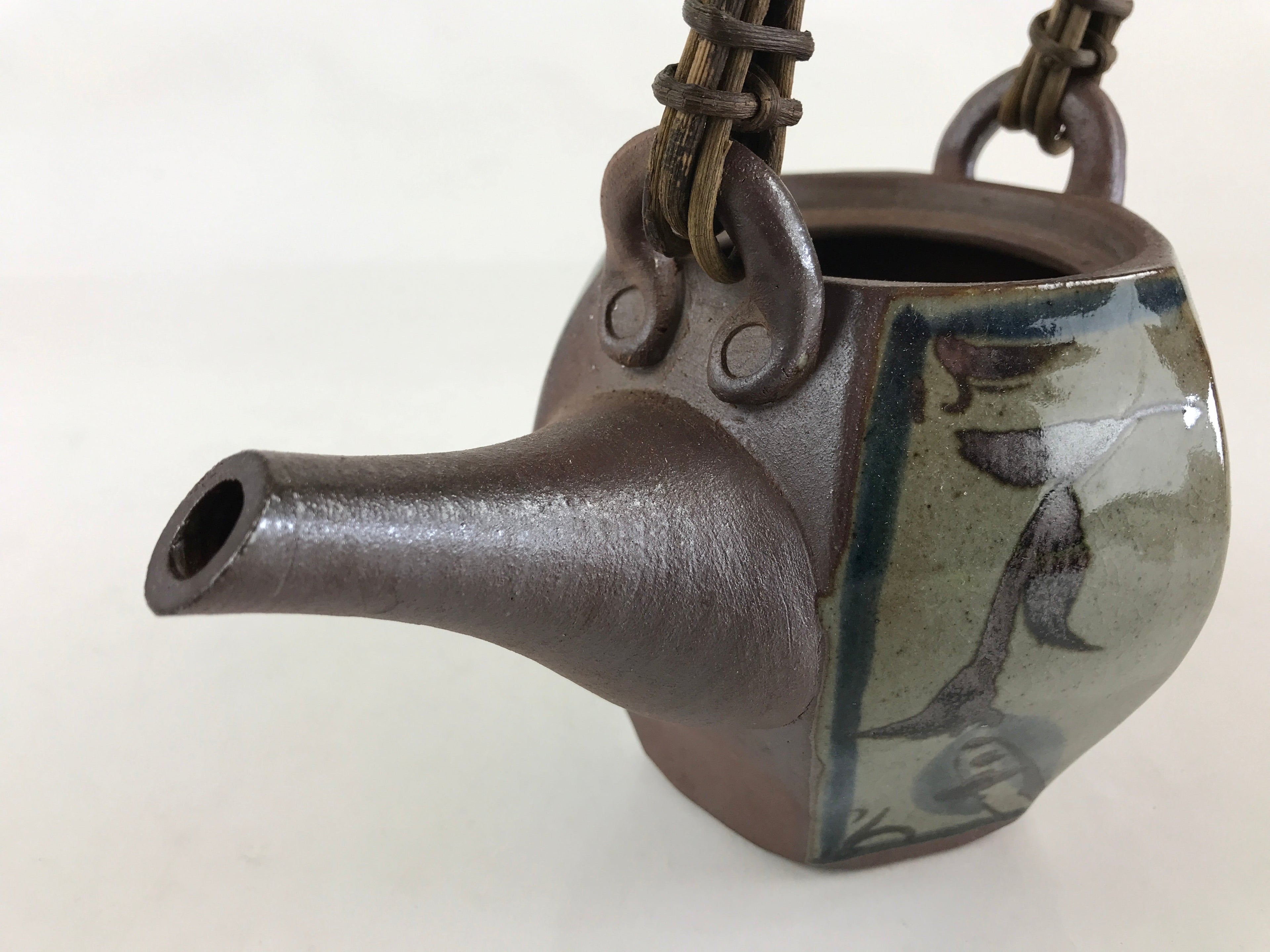 Japanese Ceramic Tokoname Ware Teapot Kyusu Vtg Brown Plant Vine Handle PY246