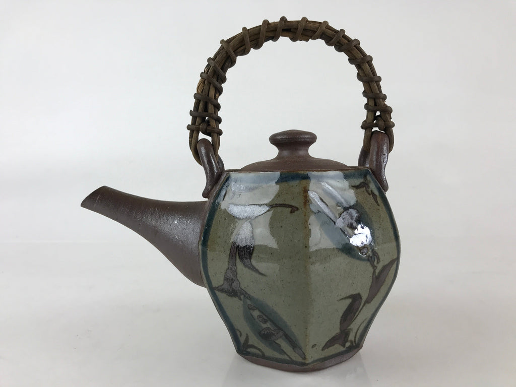 Japanese Ceramic Tokoname Ware Teapot Kyusu Vtg Brown Plant Vine Handle PY246
